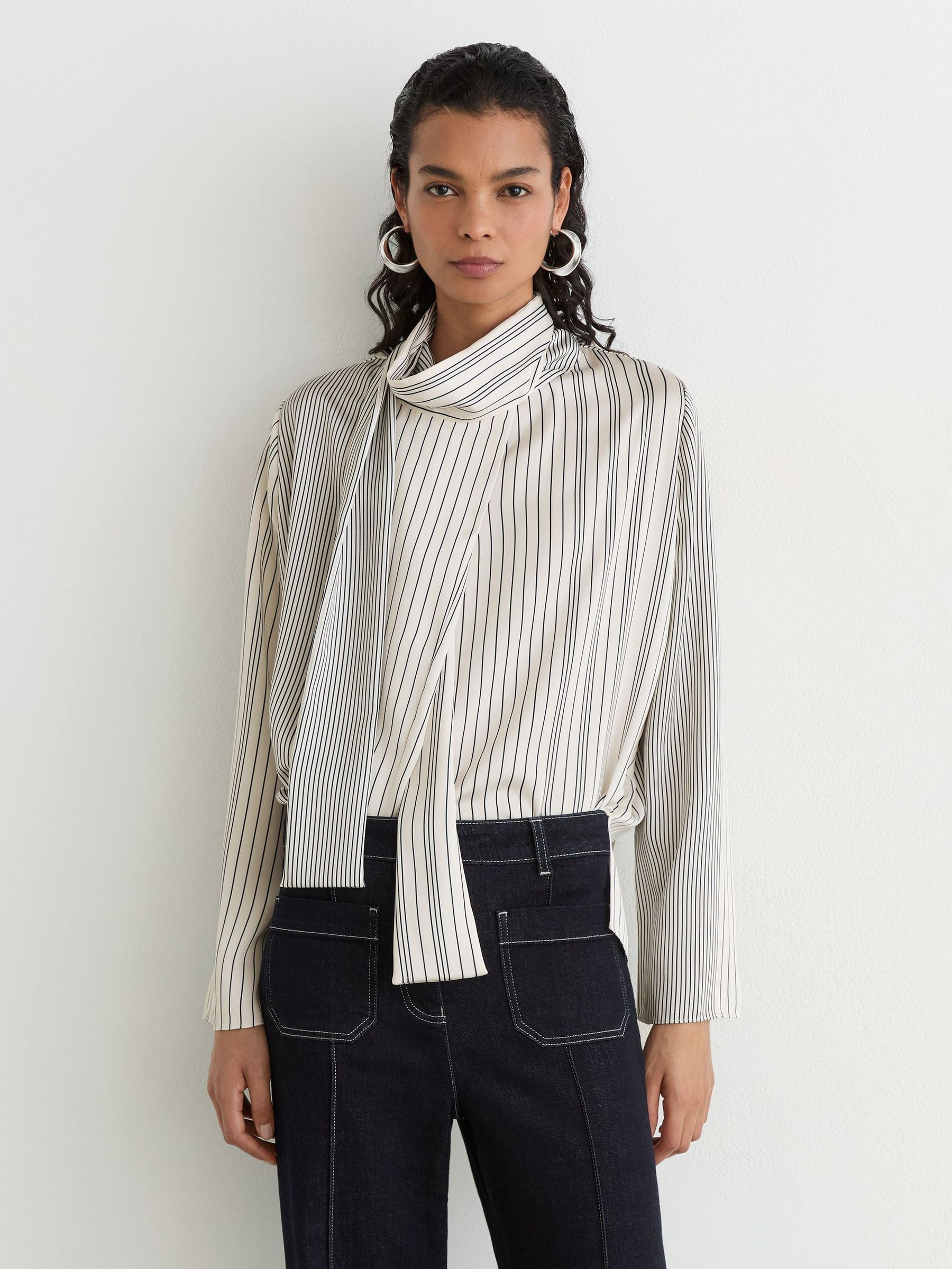 Striped Scarf-Neck Blouse in Ivory/Navy - Image 1 of 8 Striped Scarf-Neck Blouse in Ivory/Navy - Image 1 of 8