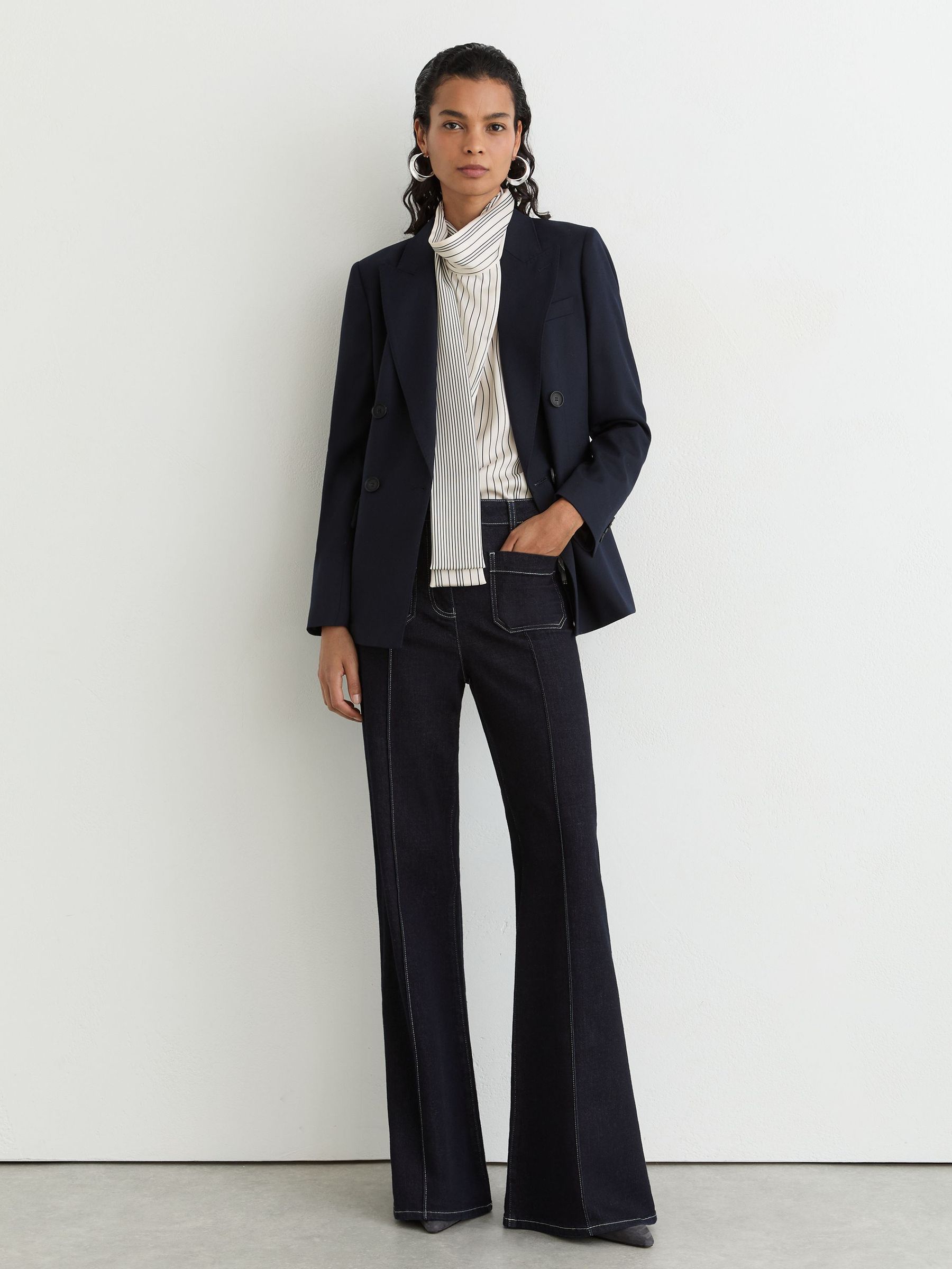 Striped Scarf-Neck Blouse in Ivory/Navy - Image 3 of 8