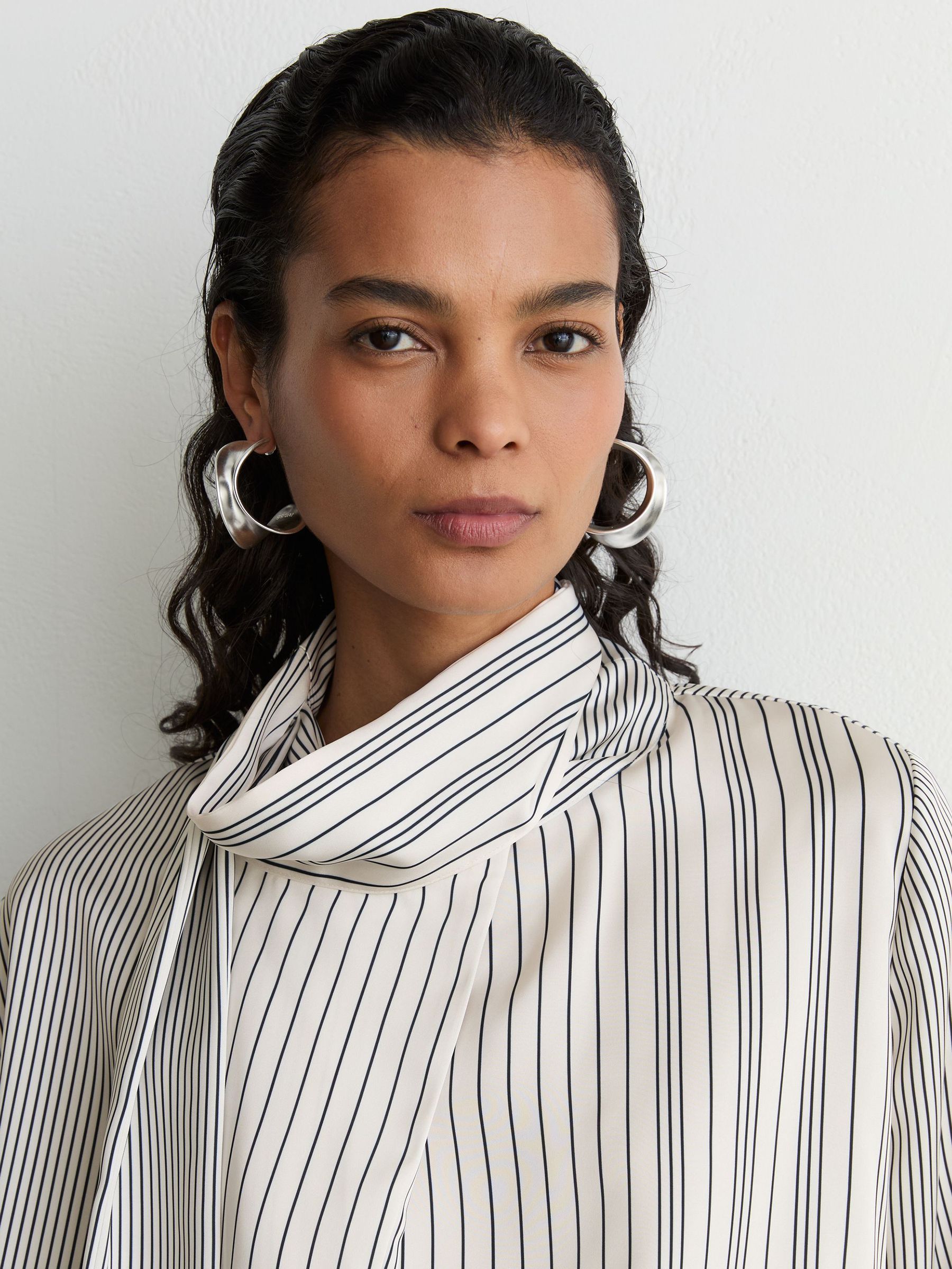 Striped Scarf-Neck Blouse in Ivory/Navy - Image 4 of 8