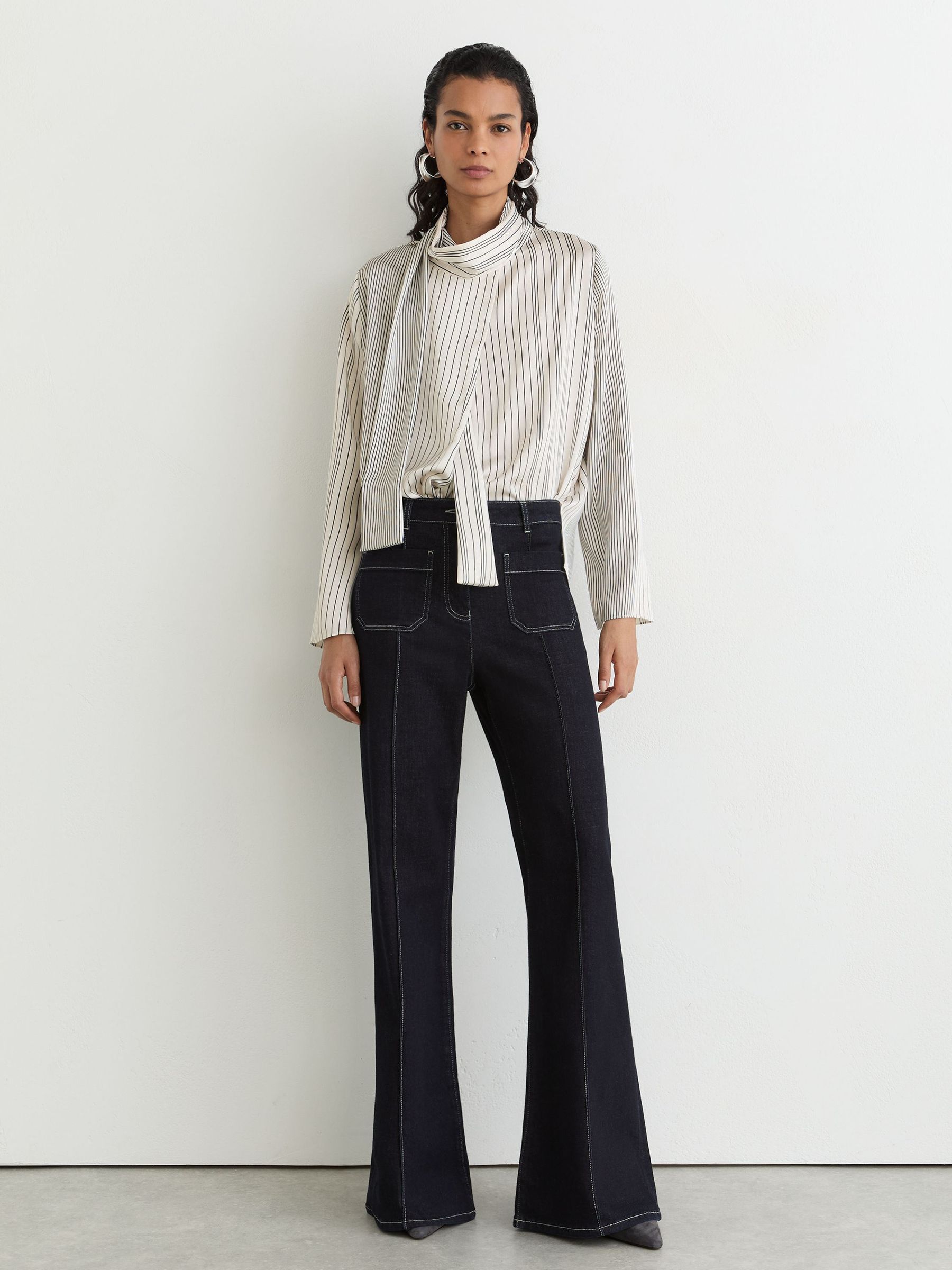 Striped Scarf-Neck Blouse in Ivory/Navy - Image 5 of 8