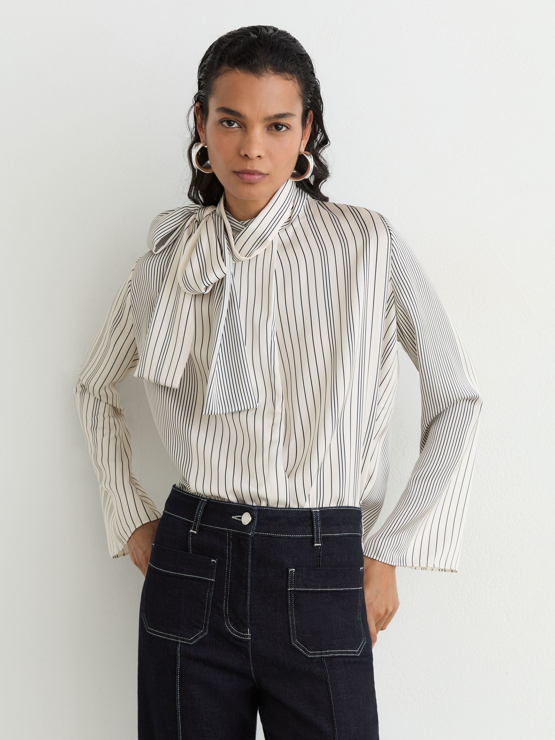 Striped Scarf-Neck Blouse in Ivory/Navy - Image 7 of 8