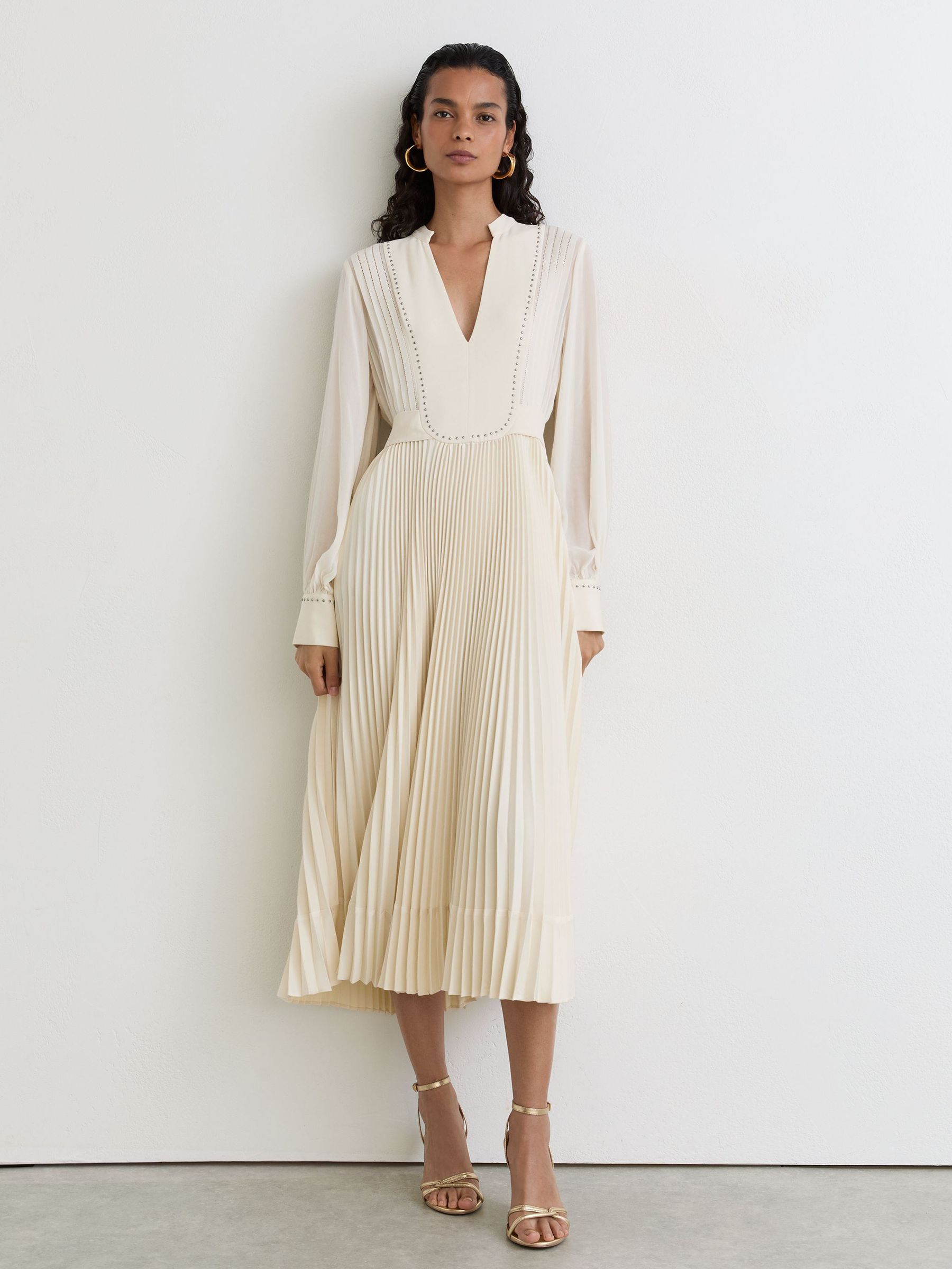 Stud-Detail Pleated Midi Dress in Cream - Image 3 of 7