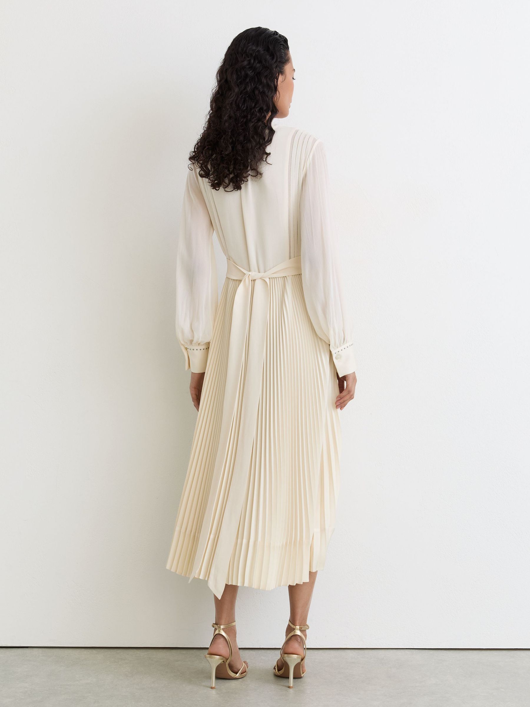 Stud-Detail Pleated Midi Dress in Cream - Image 5 of 7