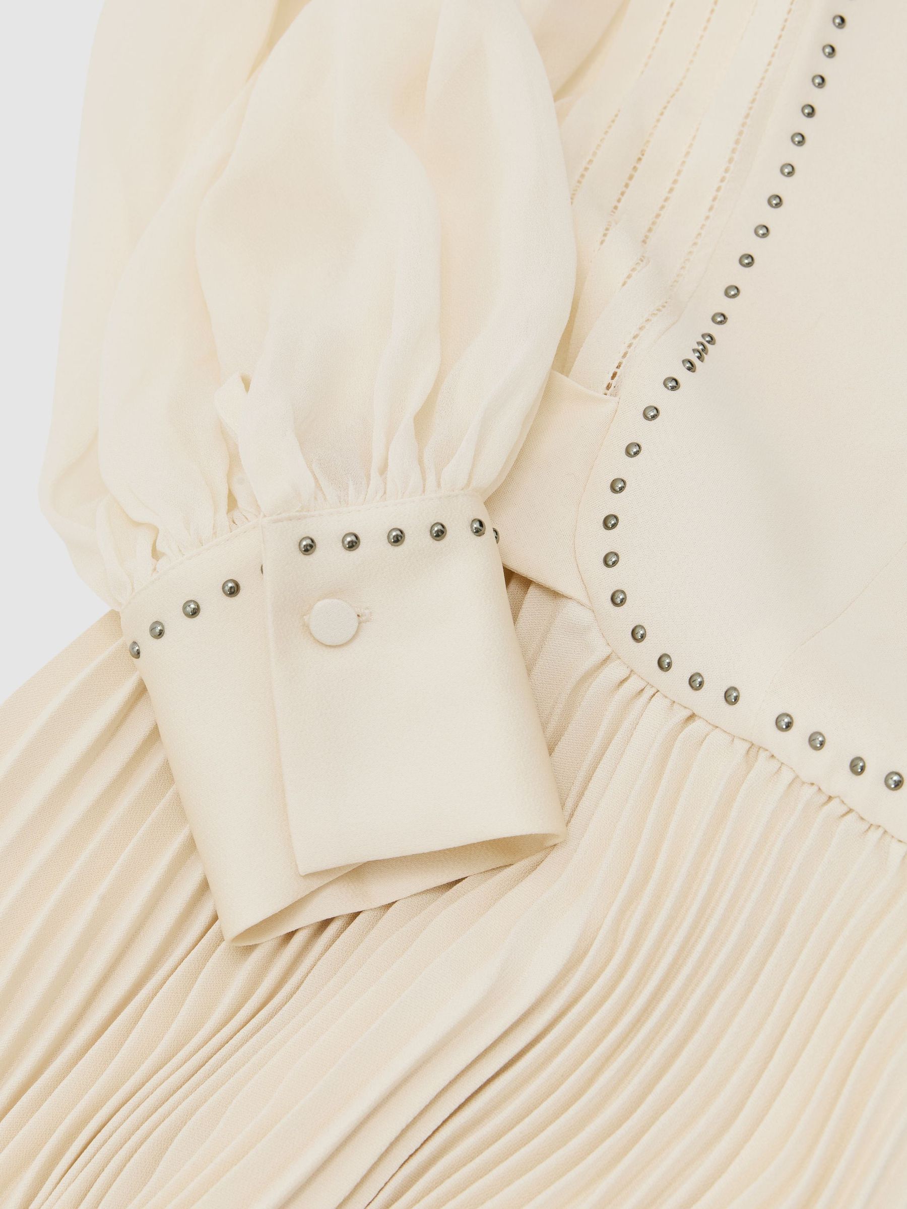 Stud-Detail Pleated Midi Dress in Cream - Image 7 of 7
