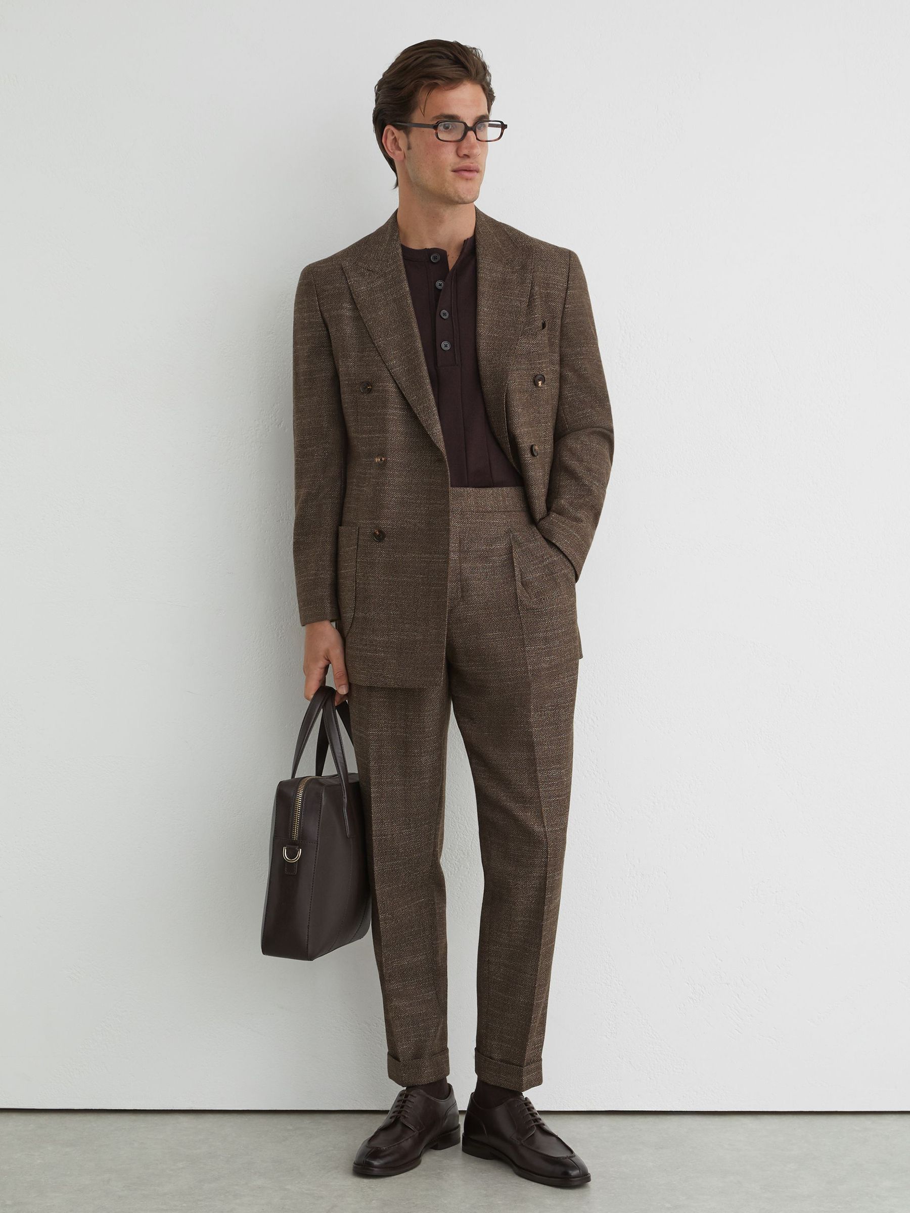 Wool-Blend Herringbone Suit Trousers Classic-Fit in Brown - Image 1 of 6 Wool-Blend Herringbone Suit Trousers Classic-Fit in Brown - Image 1 of 6