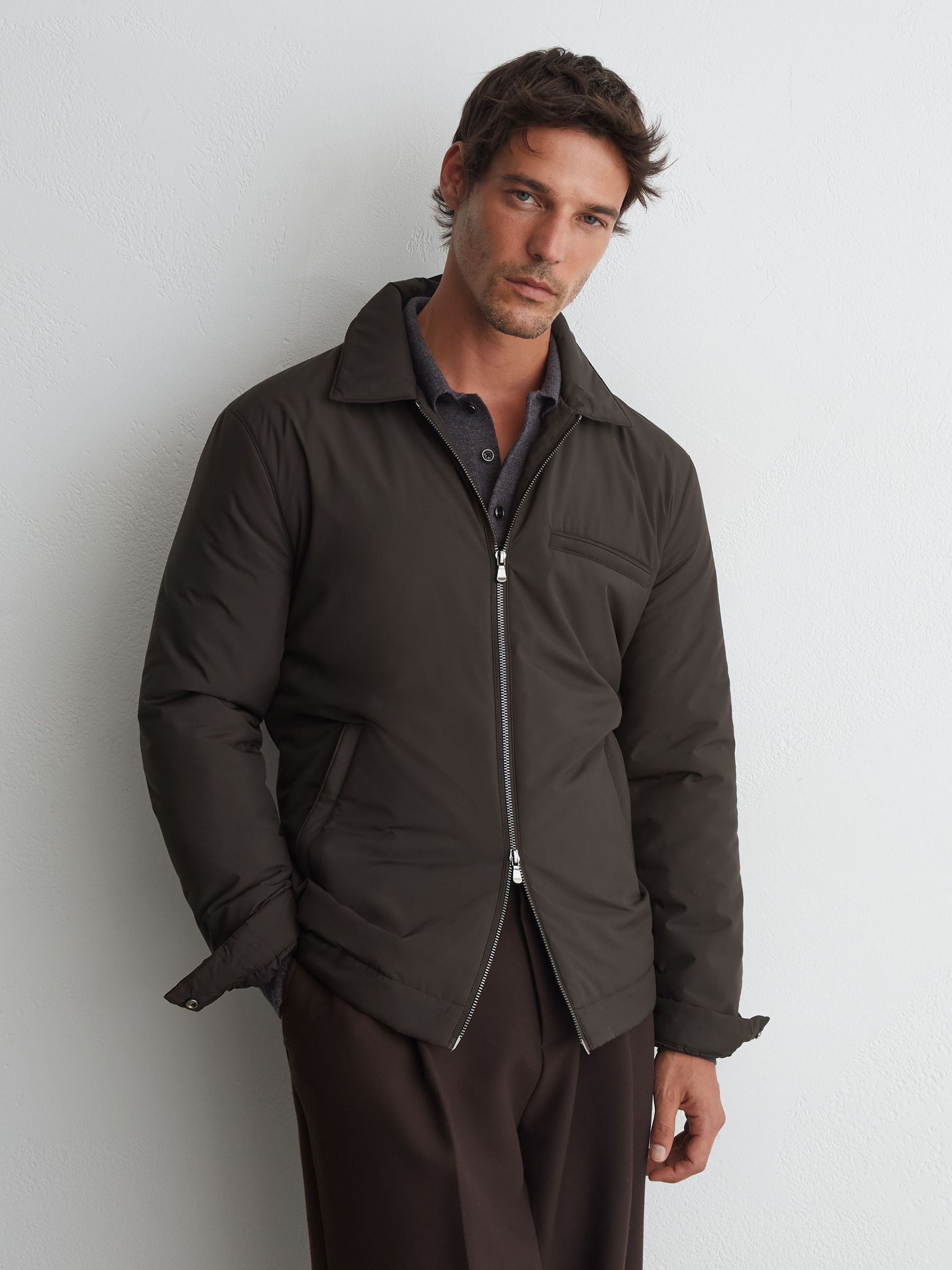 Technical Padded Zip-Through Jacket in Dark Brown - Image 1 of 8 Technical Padded Zip-Through Jacket in Dark Brown - Image 1 of 8