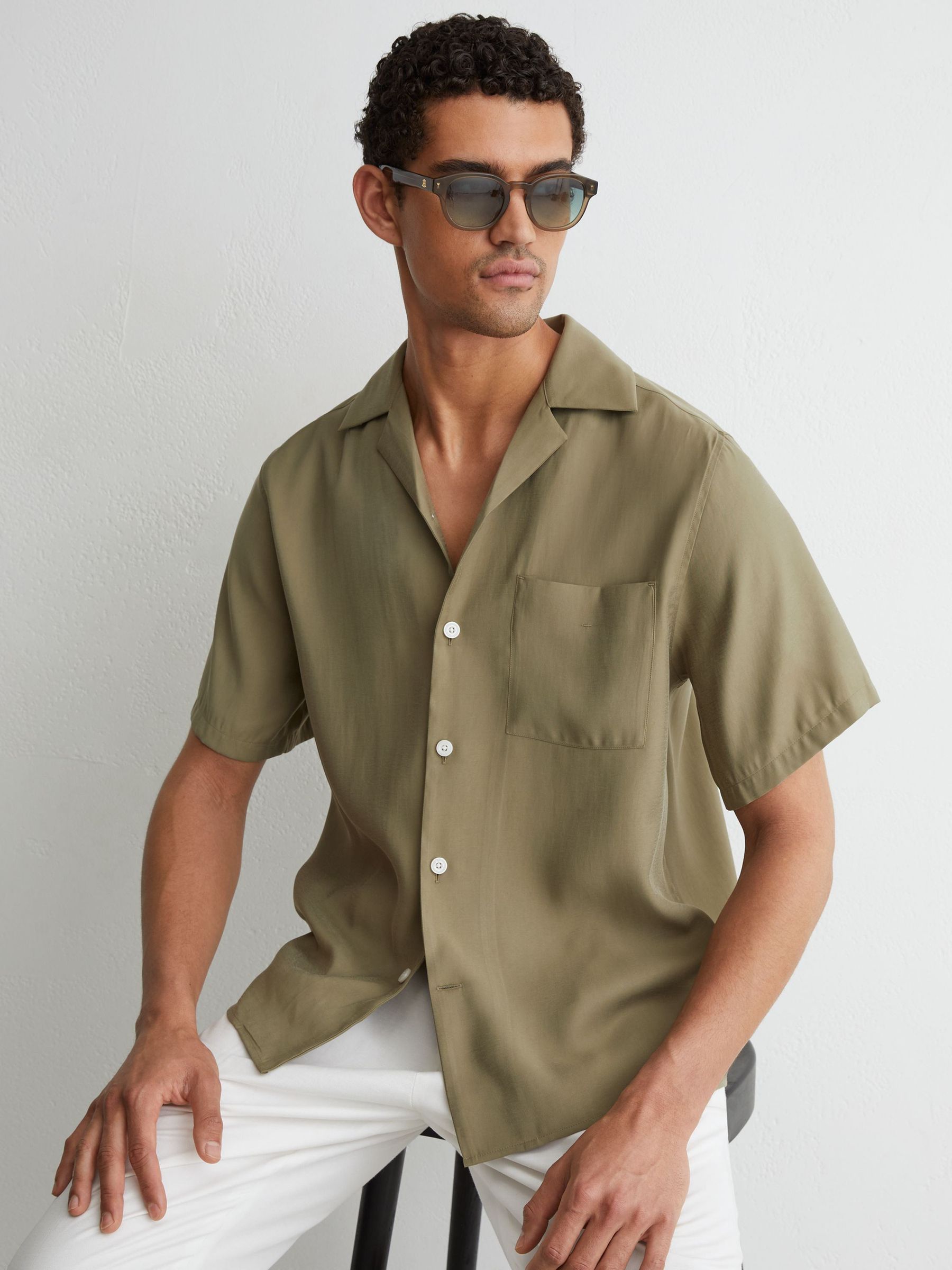 Modal-Blend Relaxed Cuban-Collar Shirt in Sage Green - Image 3 of 6