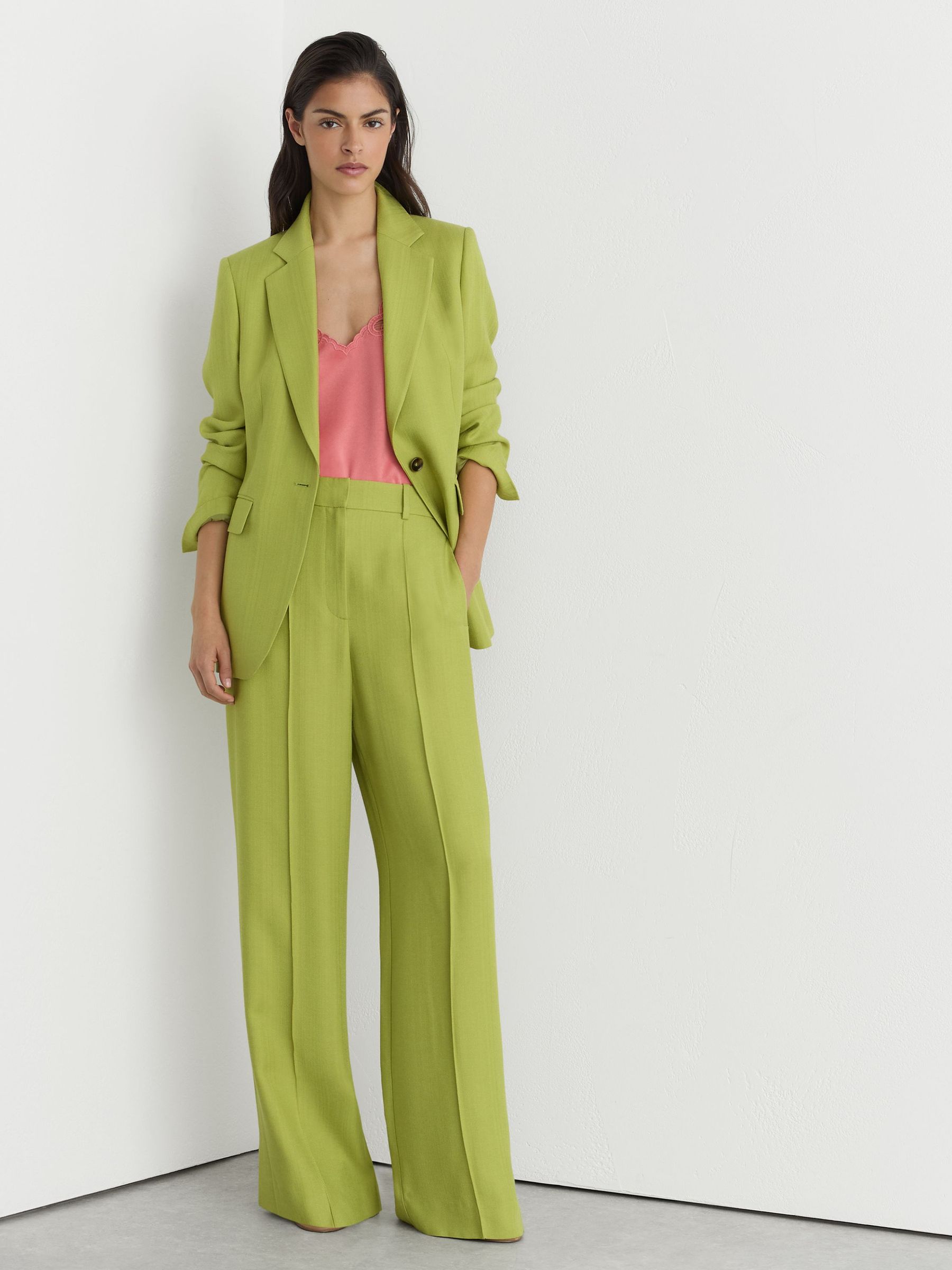 Petite Textured-Weave Wide-Leg Suit Trousers in Green - Image 1 of 7