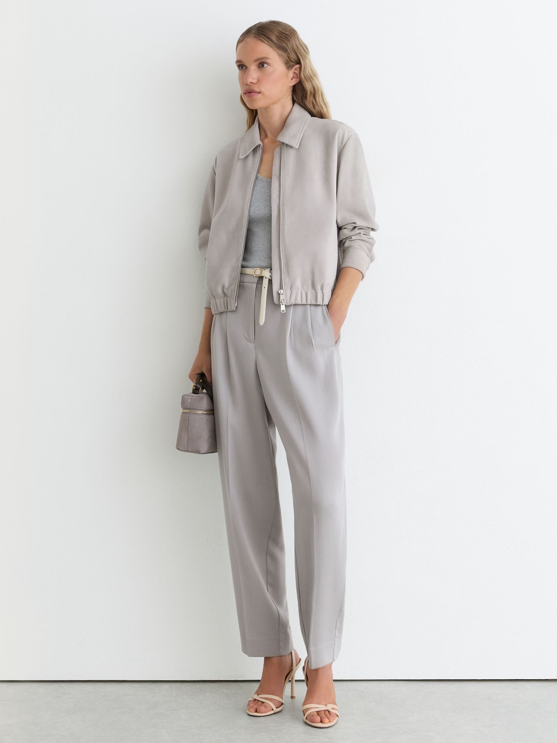 Petite Suede Cropped Bomber Jacket in Light Grey - image 2