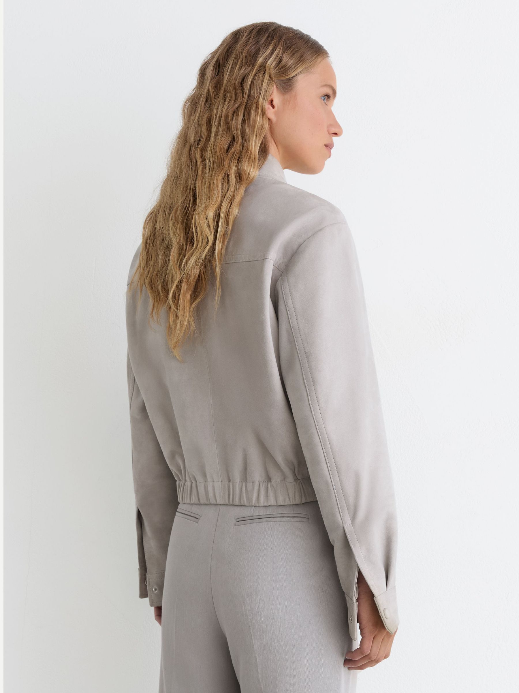 Petite Suede Cropped Bomber Jacket in Light Grey - Image 4 of 6
