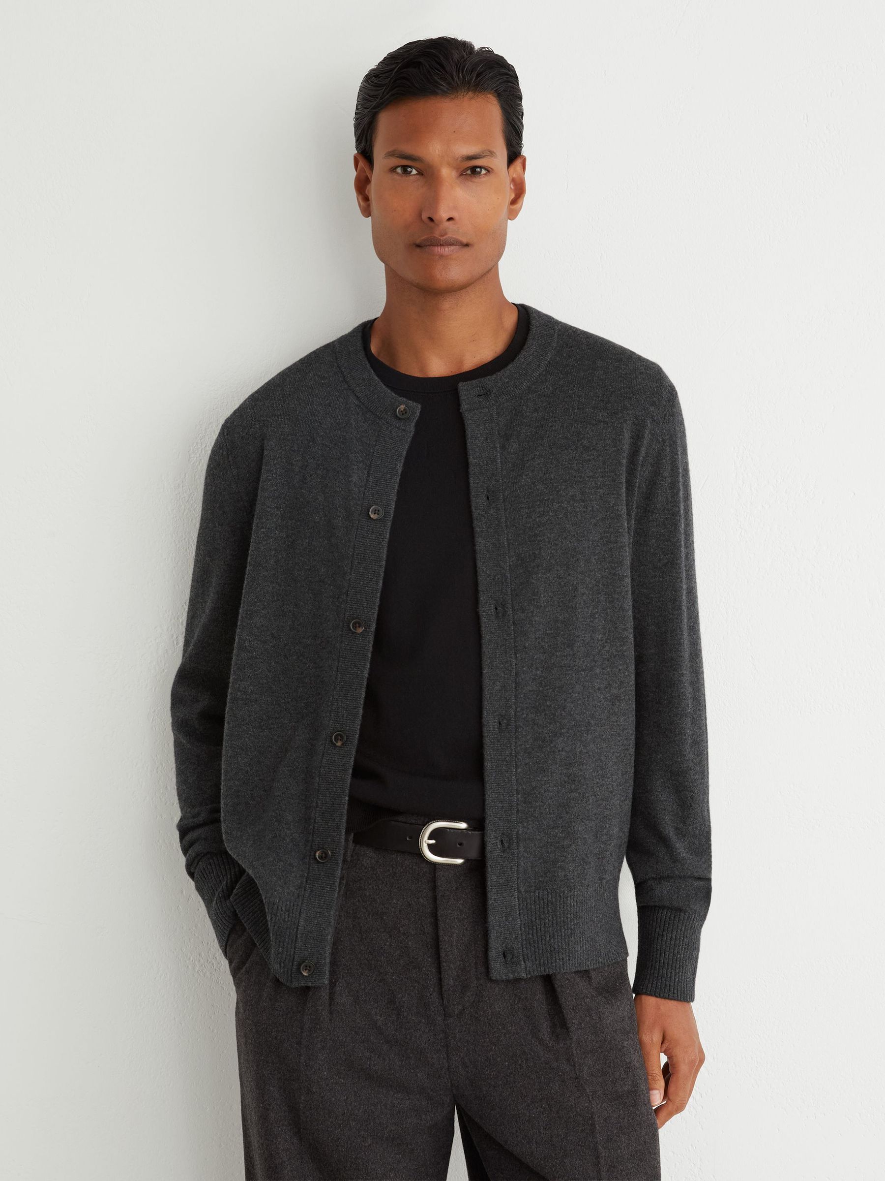 Wool-Cashmere Jersey-Knit Cardigan in Charcoal Grey - Image 1 of 6