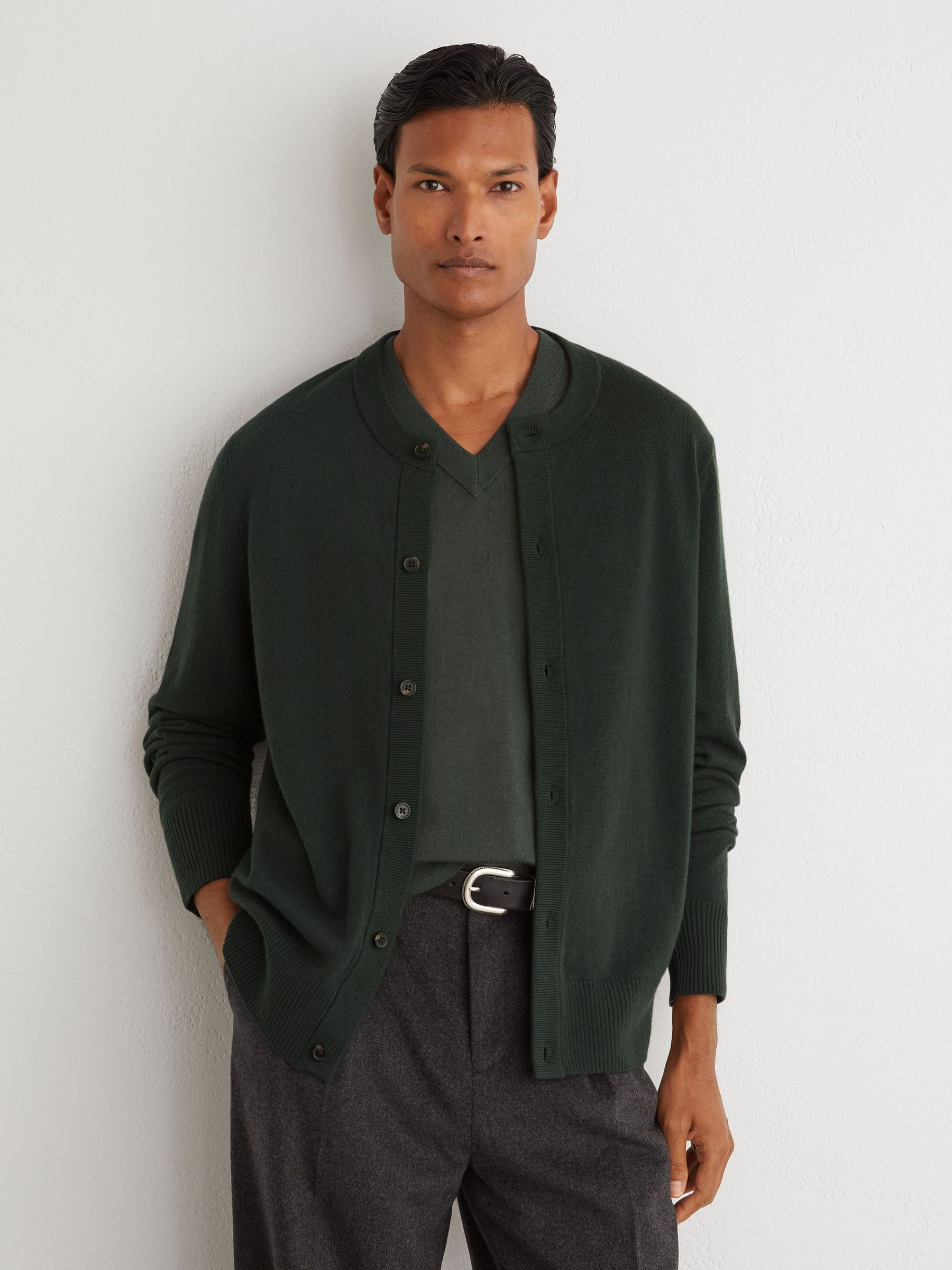 Wool-Cashmere Jersey-Knit Cardigan in Forest Green - Image 1 of 6