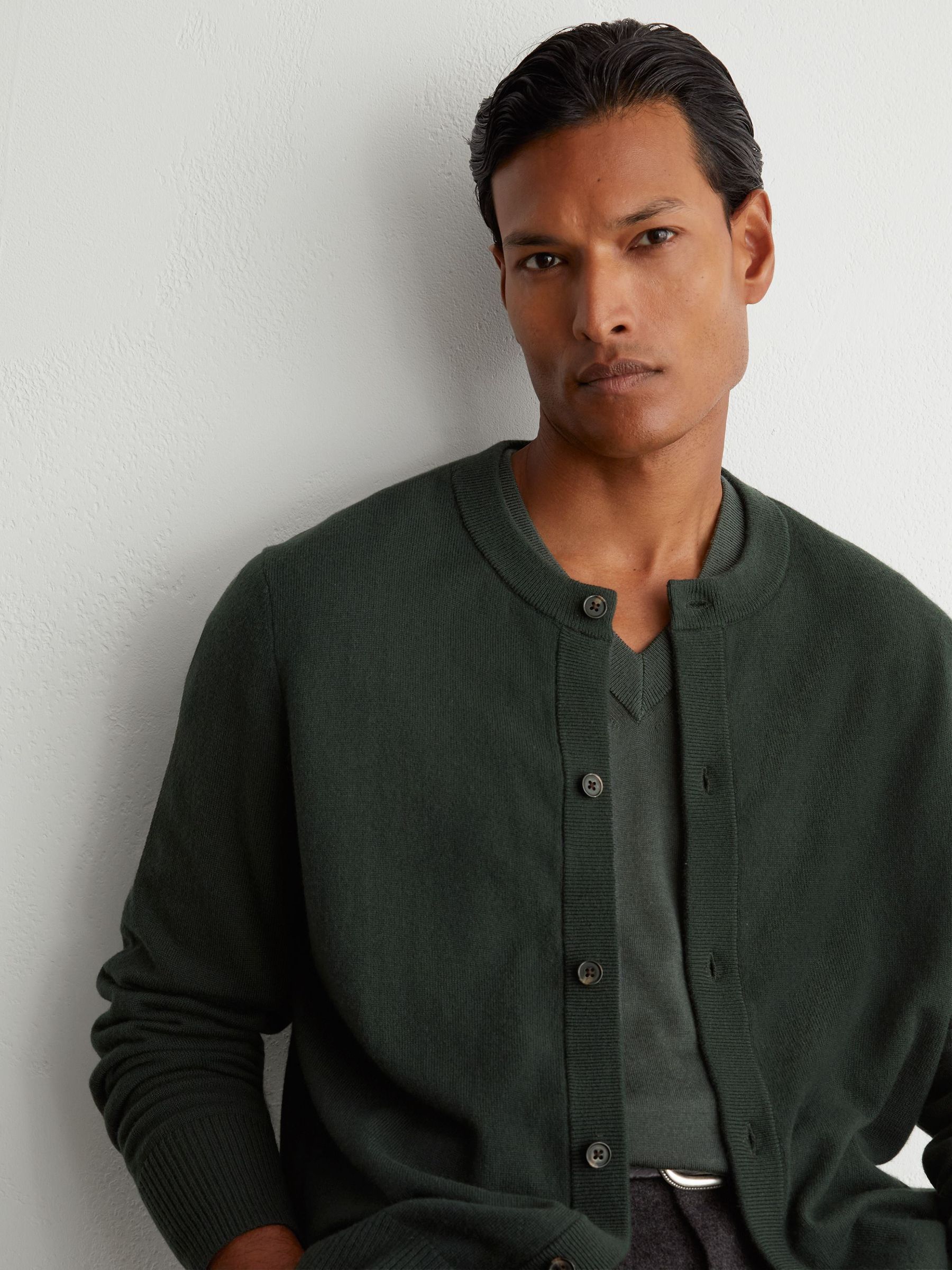 Wool-Cashmere Jersey-Knit Cardigan in Forest Green - Image 3 of 6