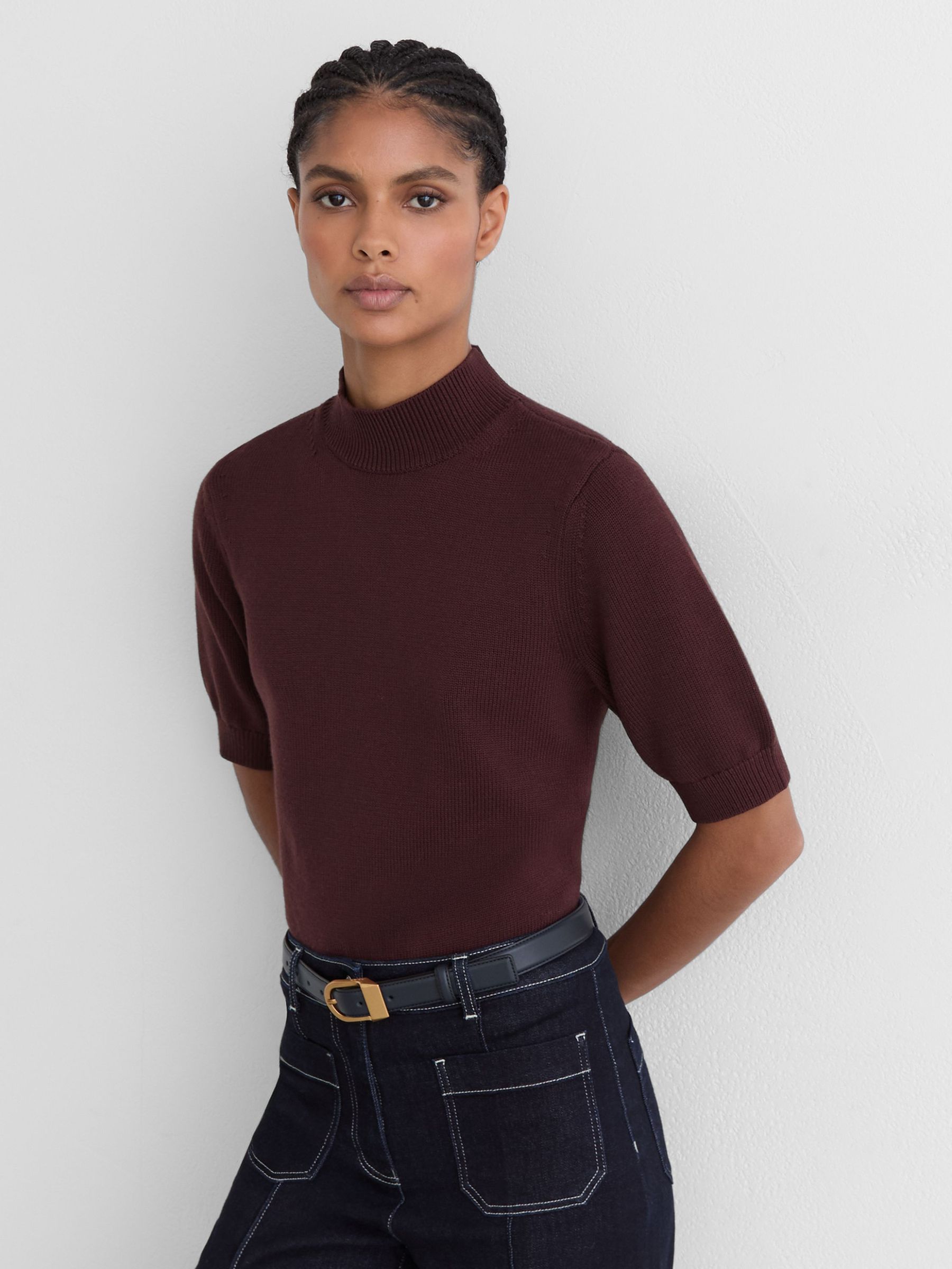 Cotton and Wool Funnel-Neck Knit Top in Burgundy - Image 1 of 6 Cotton and Wool Funnel-Neck Knit Top in Burgundy - Image 1 of 6