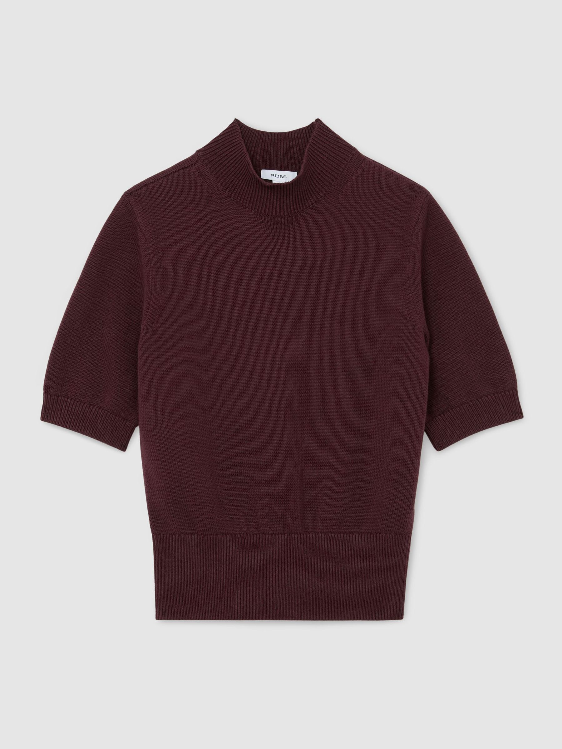 Cotton and Wool Funnel-Neck Knit Top in Burgundy - Image 2 of 6