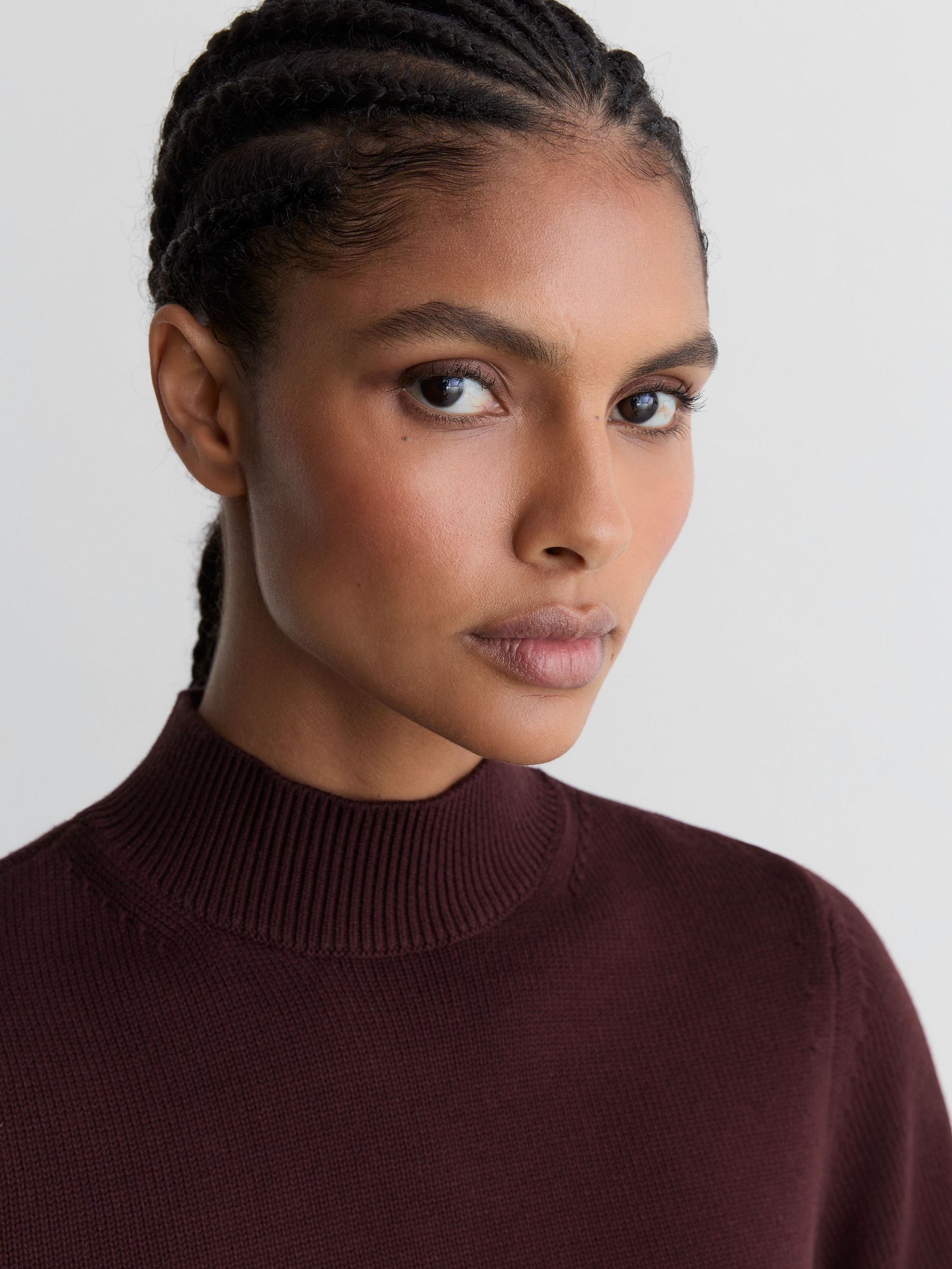 Cotton and Wool Funnel-Neck Knit Top in Burgundy - Image 3 of 6