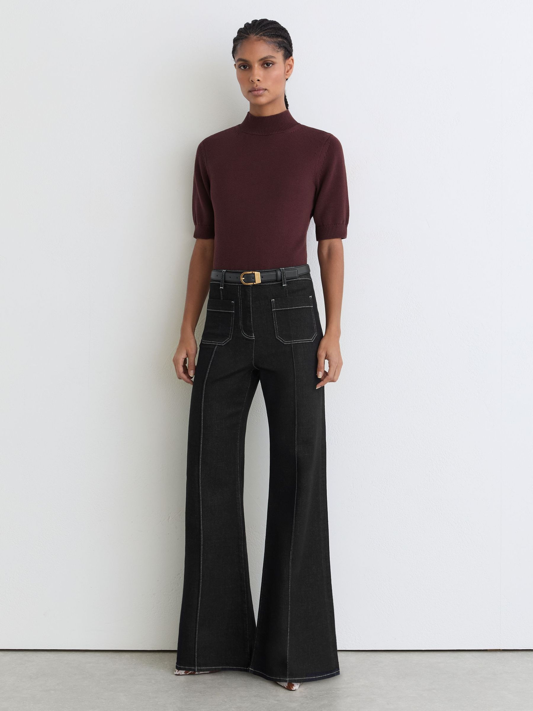 Cotton and Wool Funnel-Neck Knit Top in Burgundy - Image 4 of 6
