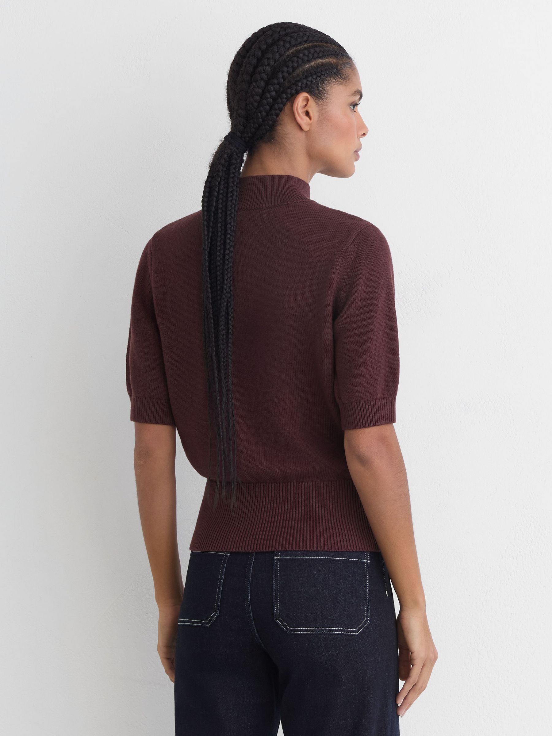 Cotton and Wool Funnel-Neck Knit Top in Burgundy - Image 5 of 6