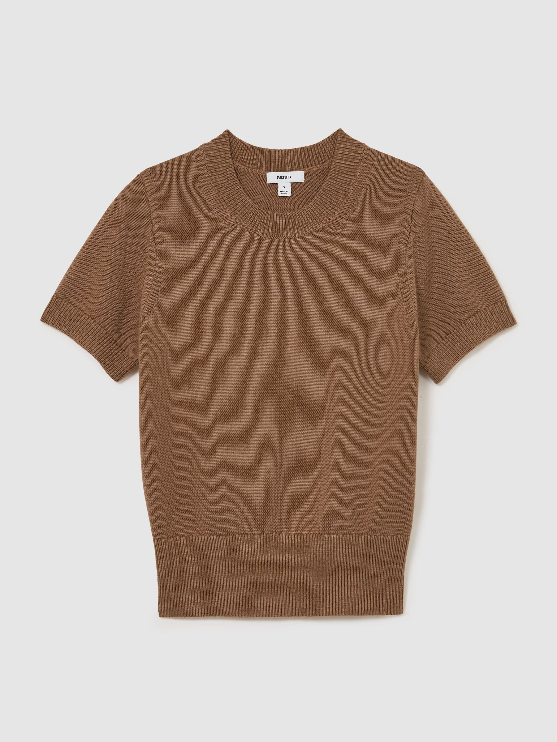 Cotton and Wool Short-Sleeve Knit Top in Camel - Image 2 of 6