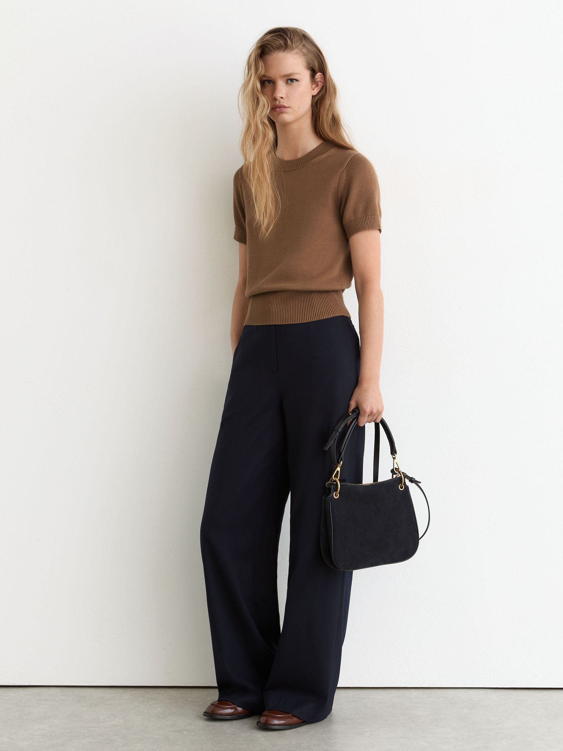 Cotton and Wool Short-Sleeve Knit Top in Camel - Image 3 of 6
