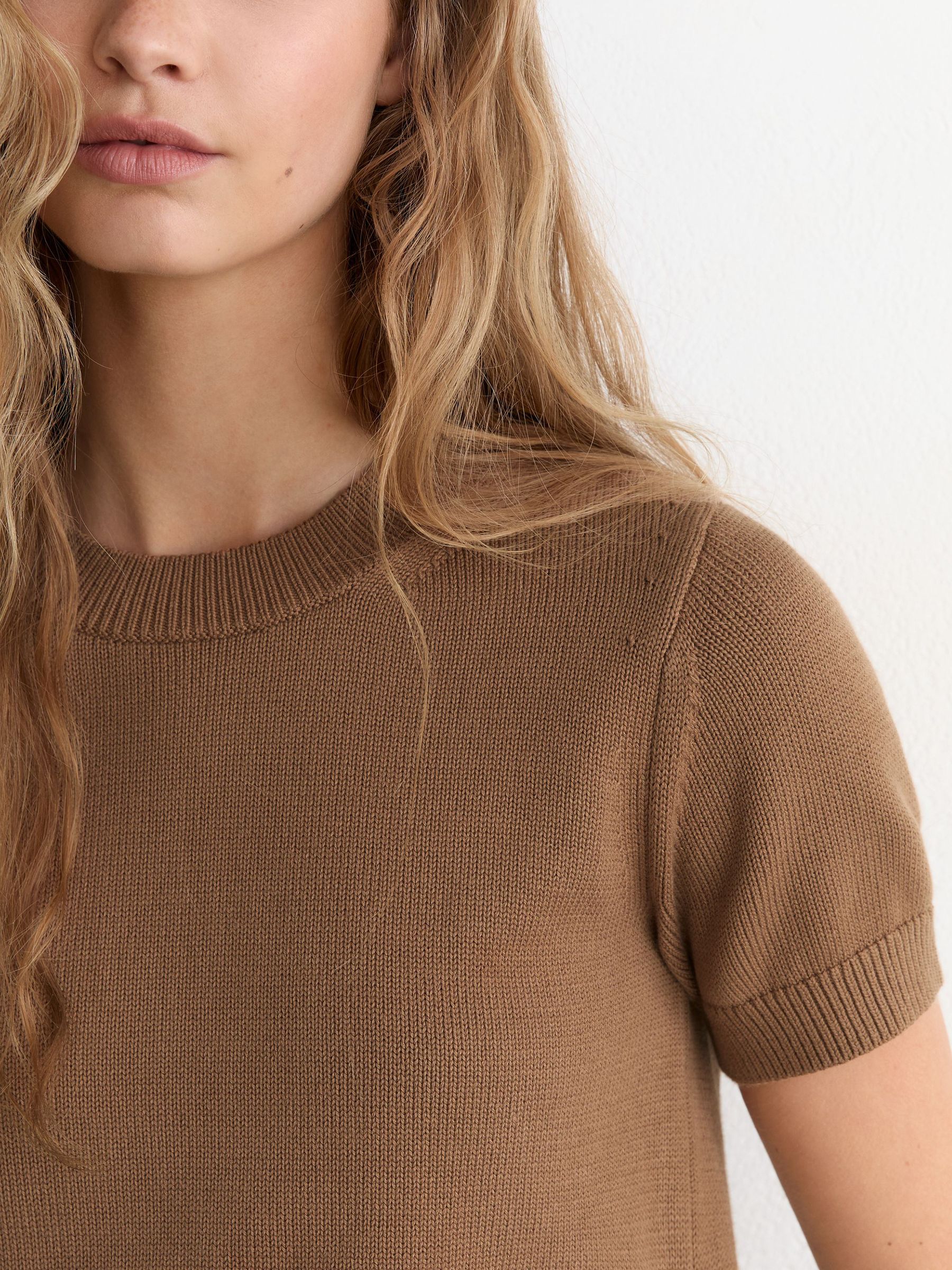 Cotton and Wool Short-Sleeve Knit Top in Camel - Image 4 of 6