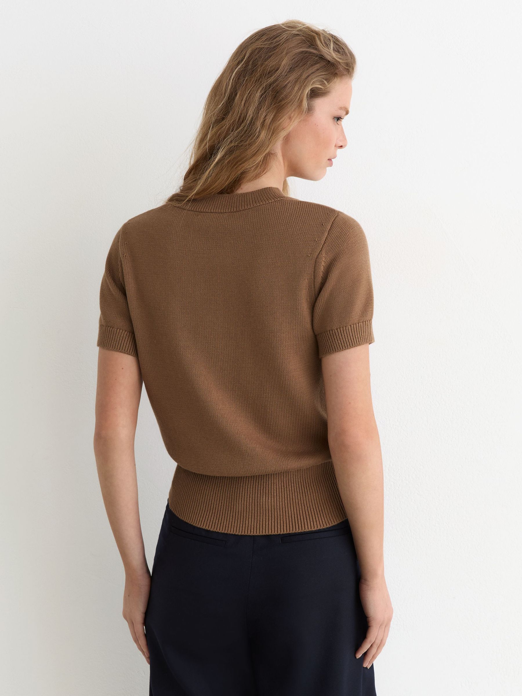 Cotton and Wool Short-Sleeve Knit Top in Camel - Image 5 of 6