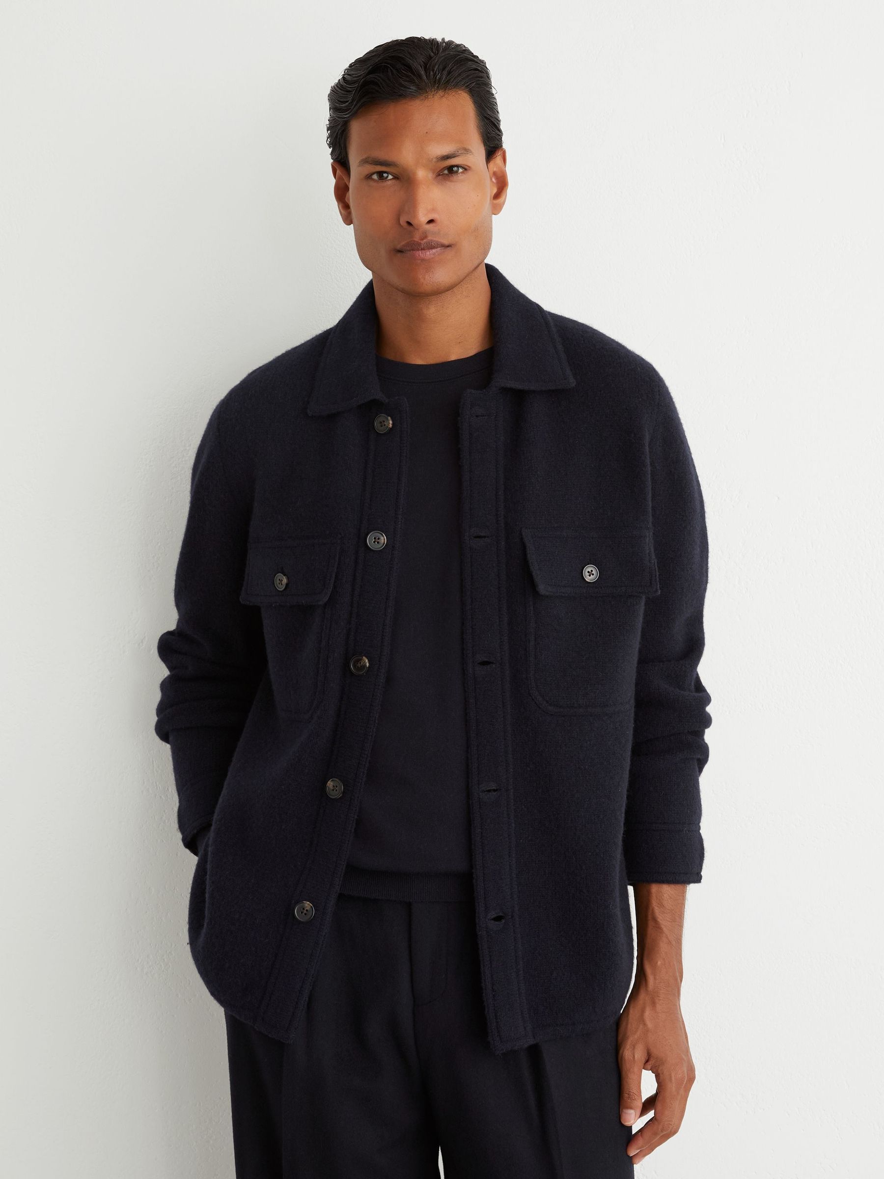 Brushed Wool Button-Through Relaxed Overshirt in Navy - Image 1 of 7