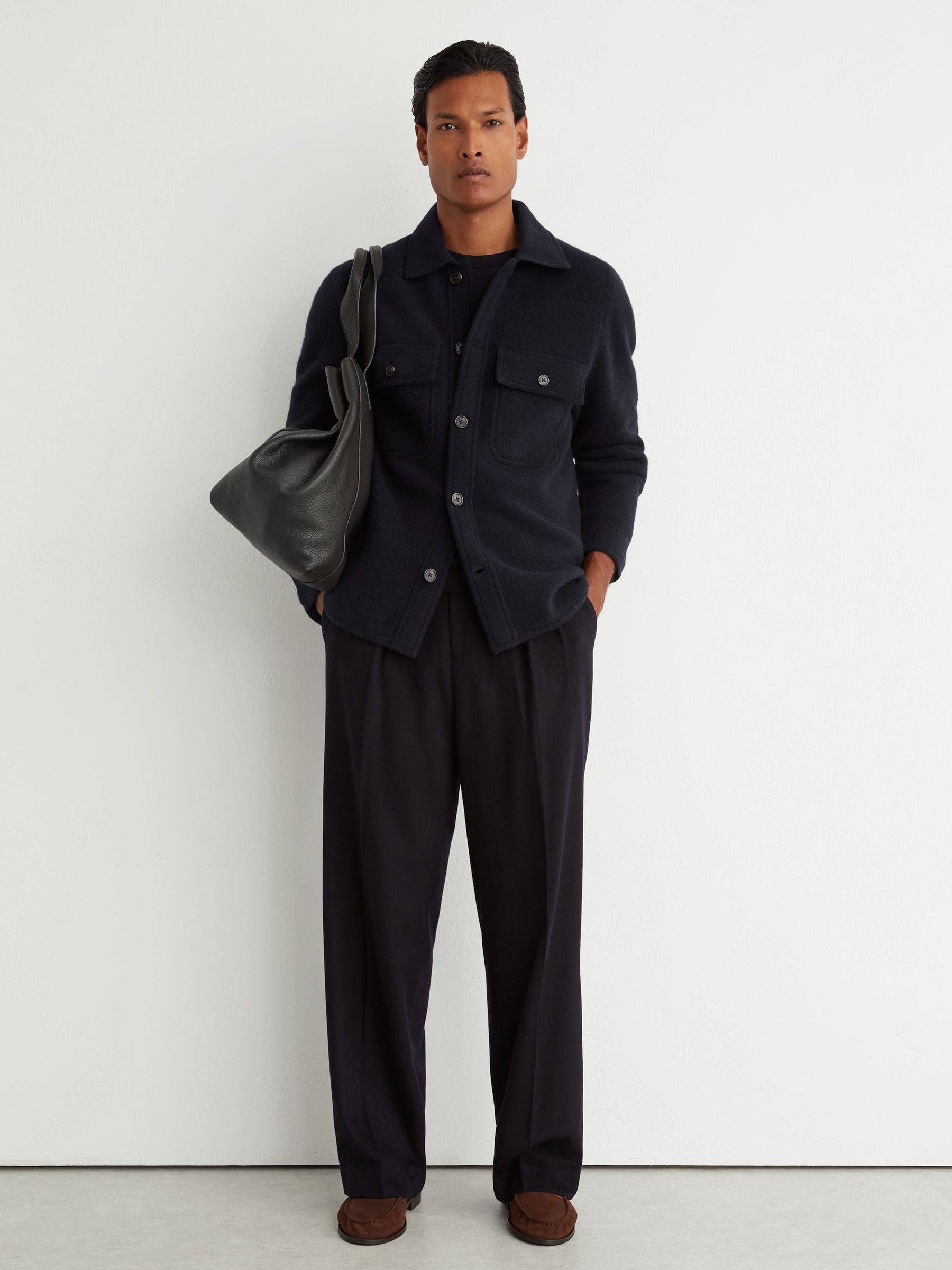 Brushed Wool Button-Through Relaxed Overshirt in Navy - Image 4 of 7