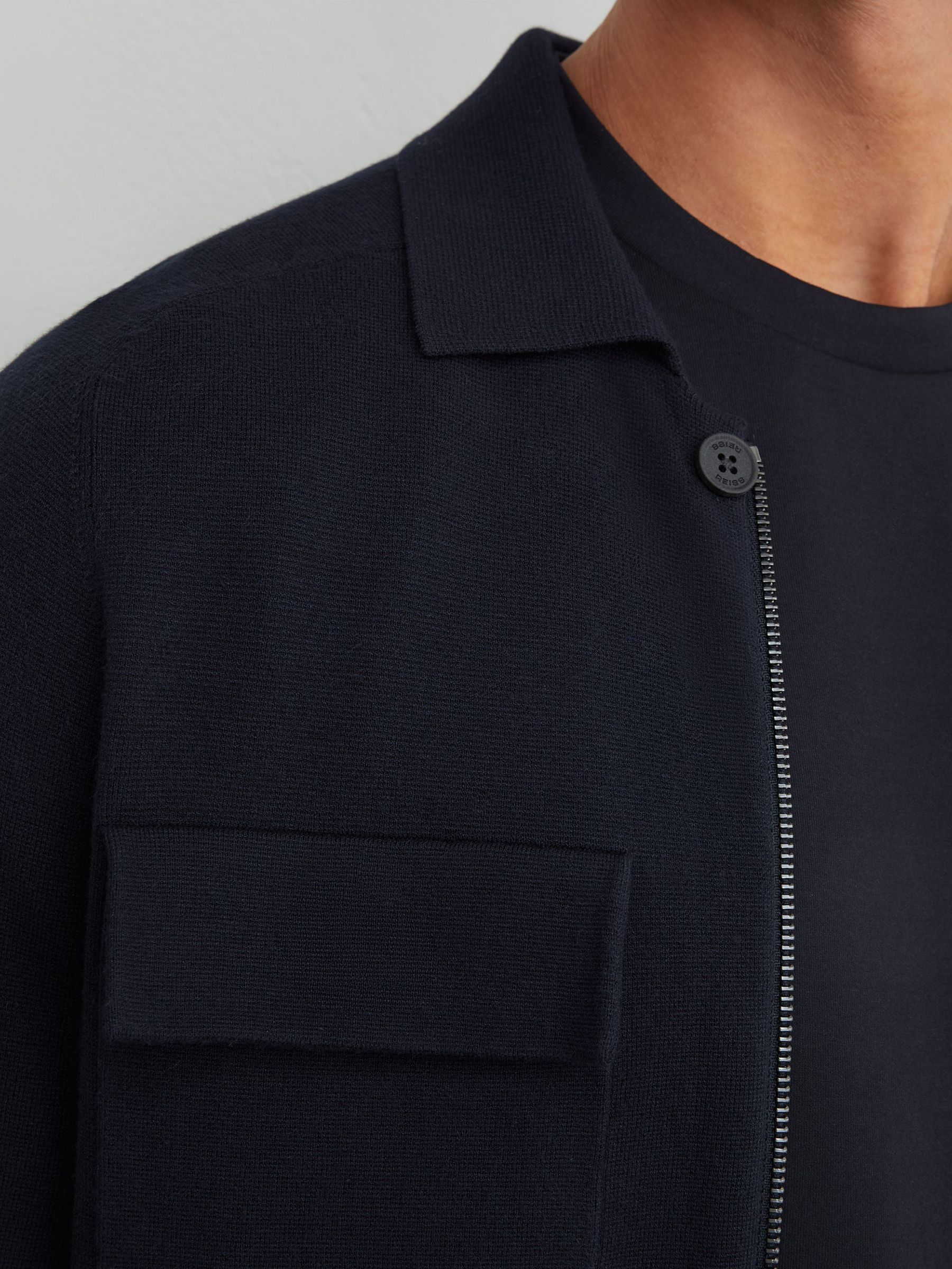 Twin-Pocket Concealed-Placket Knitted Jacket in Navy - صورة 3 من 7