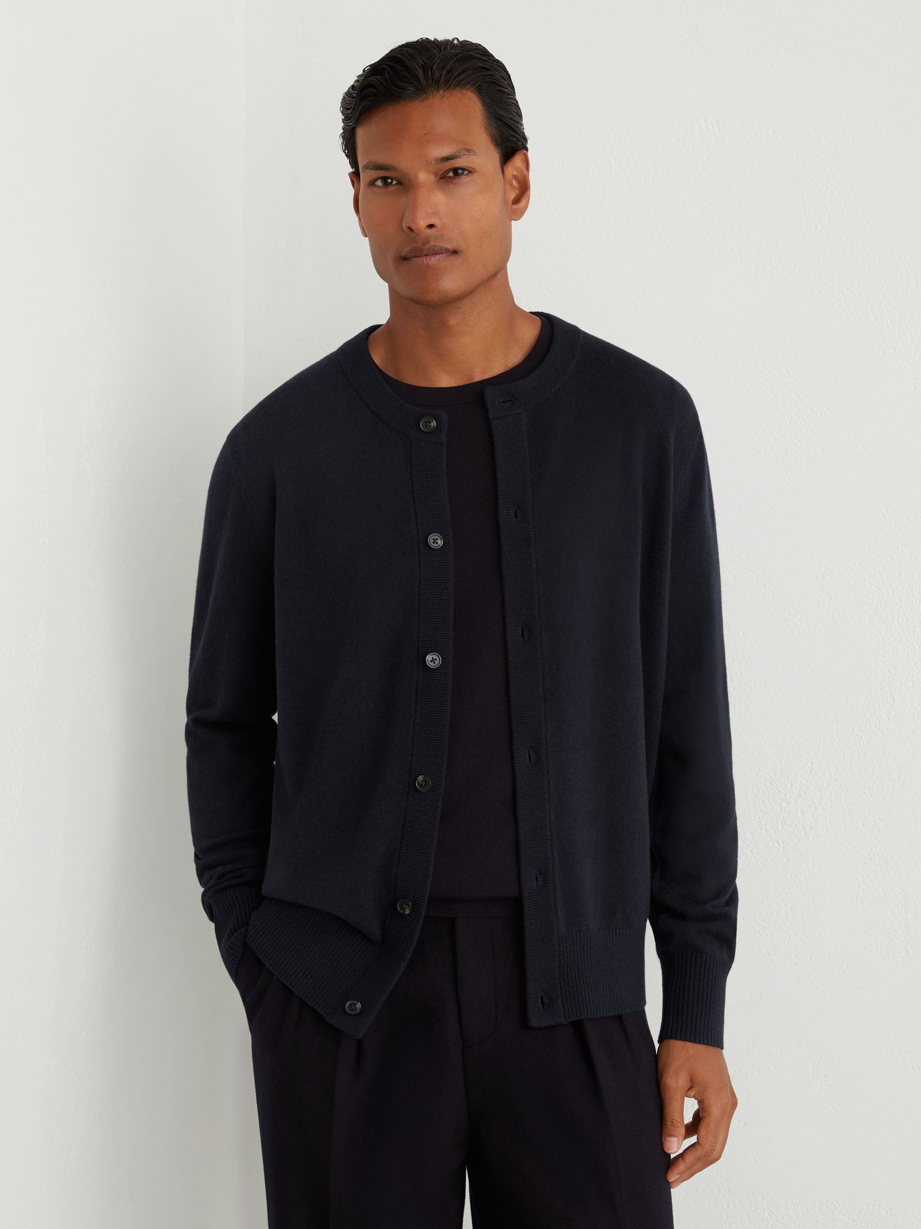 Wool-Cashmere Jersey-Knit Cardigan in Navy - Image 1 of 6