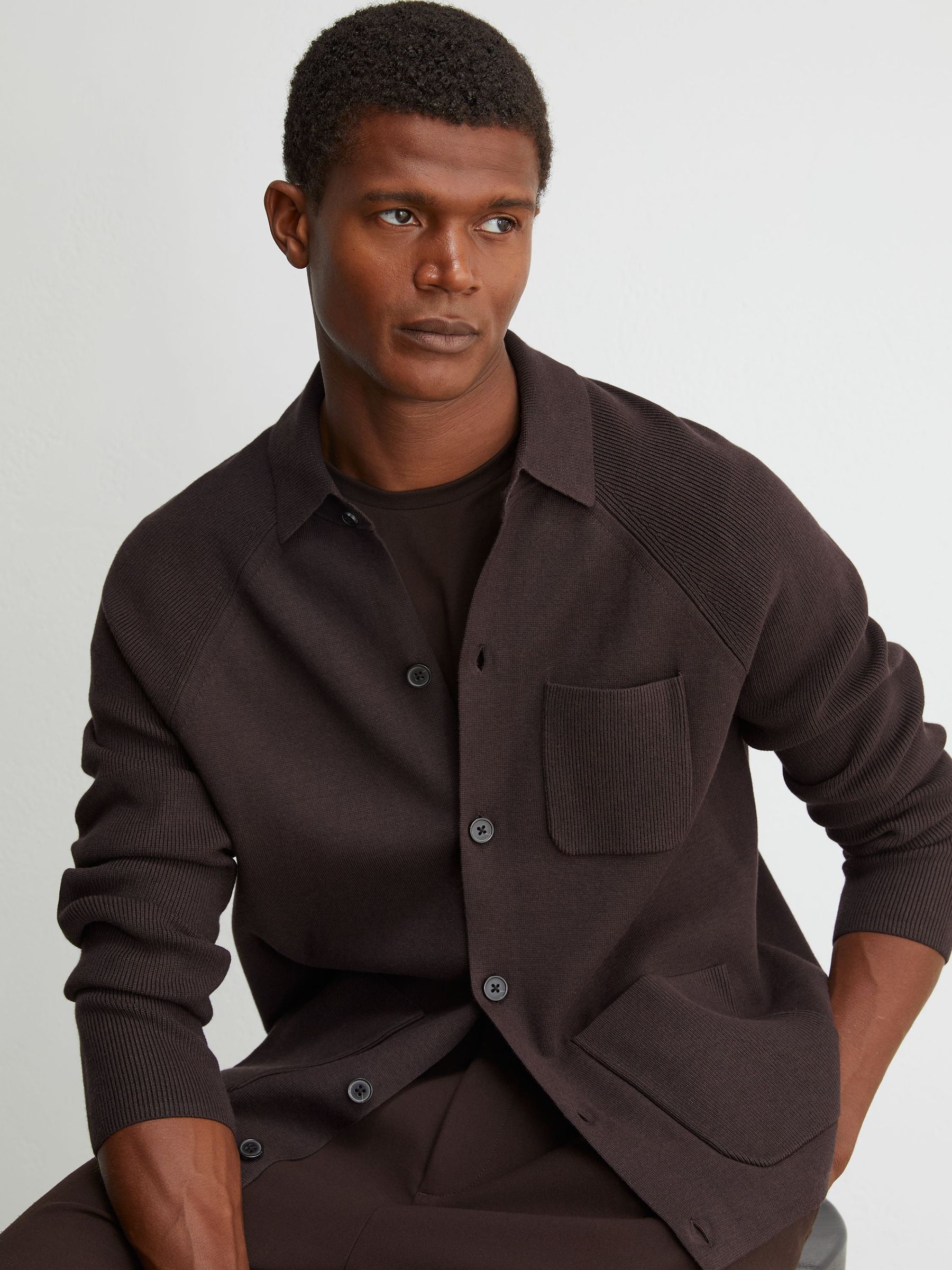 Rib-Knit Detail Button-Through Cardigan in Chocolate Brown - Image 1 of 7