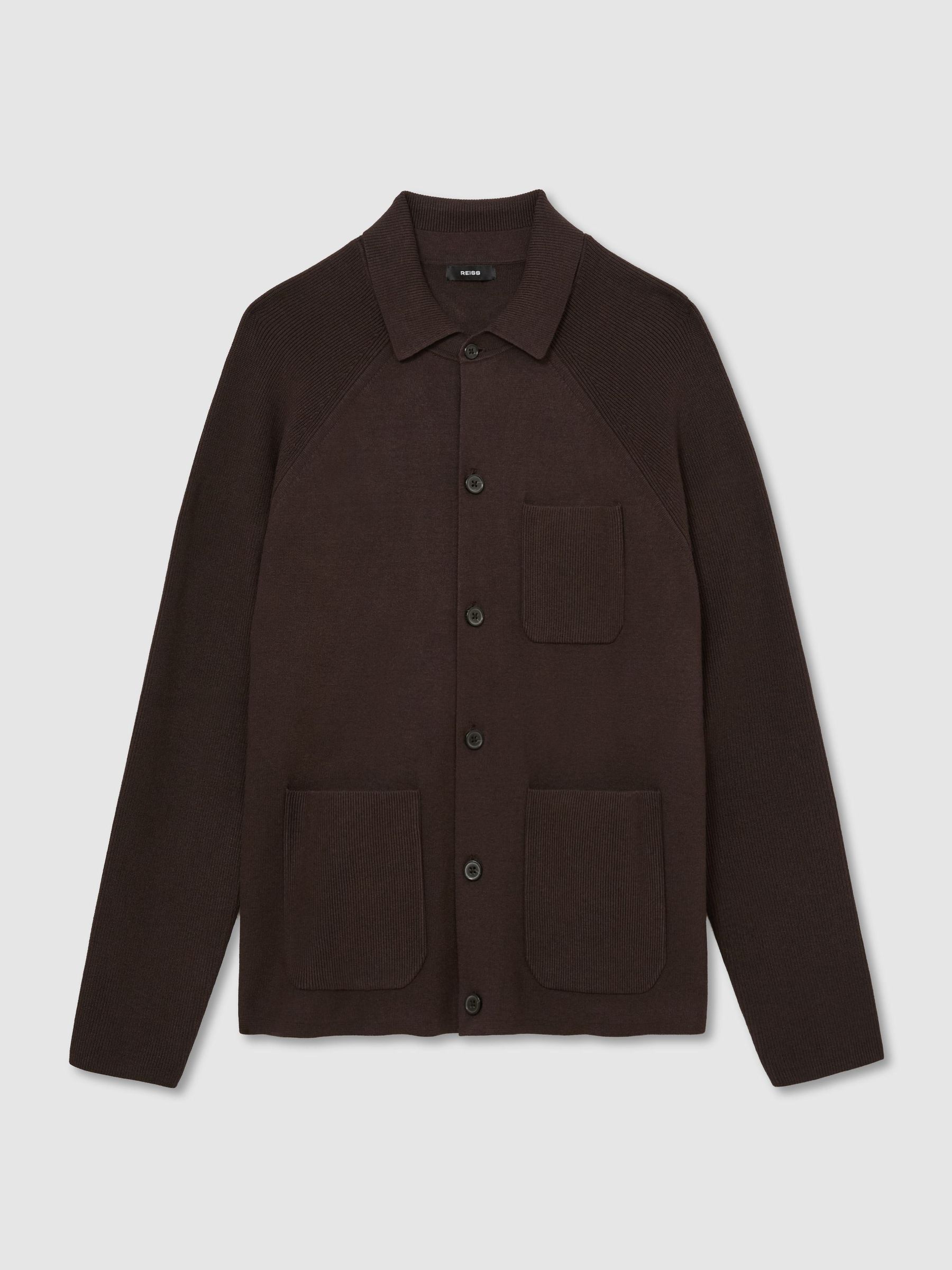Rib-Knit Detail Button-Through Cardigan in Chocolate Brown - Image 2 of 7