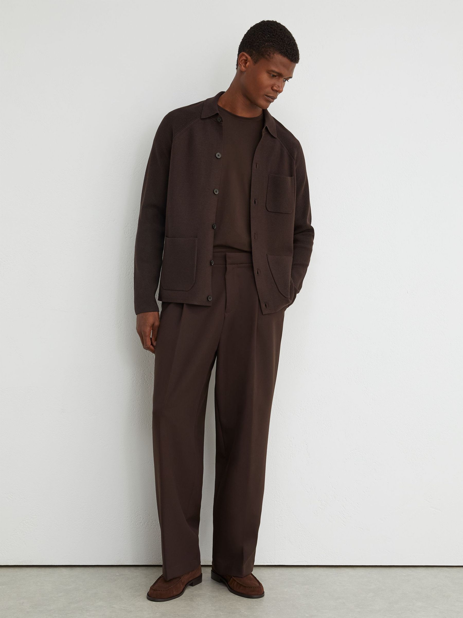 Rib-Knit Detail Button-Through Cardigan in Chocolate Brown - Image 3 of 7
