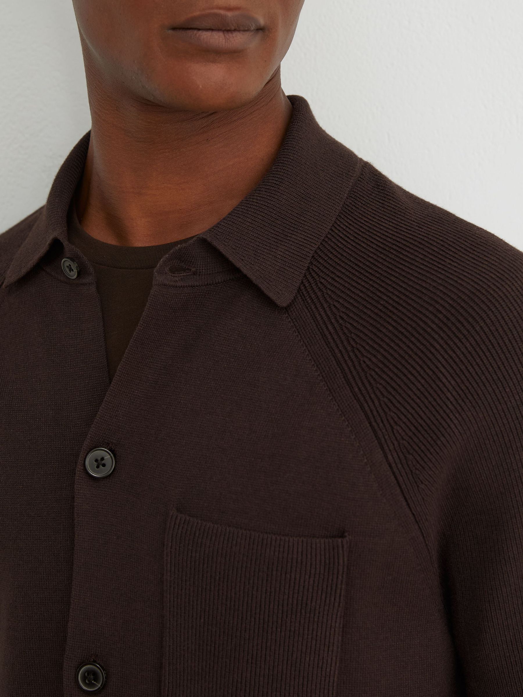 Rib-Knit Detail Button-Through Cardigan in Chocolate Brown - Image 4 of 7