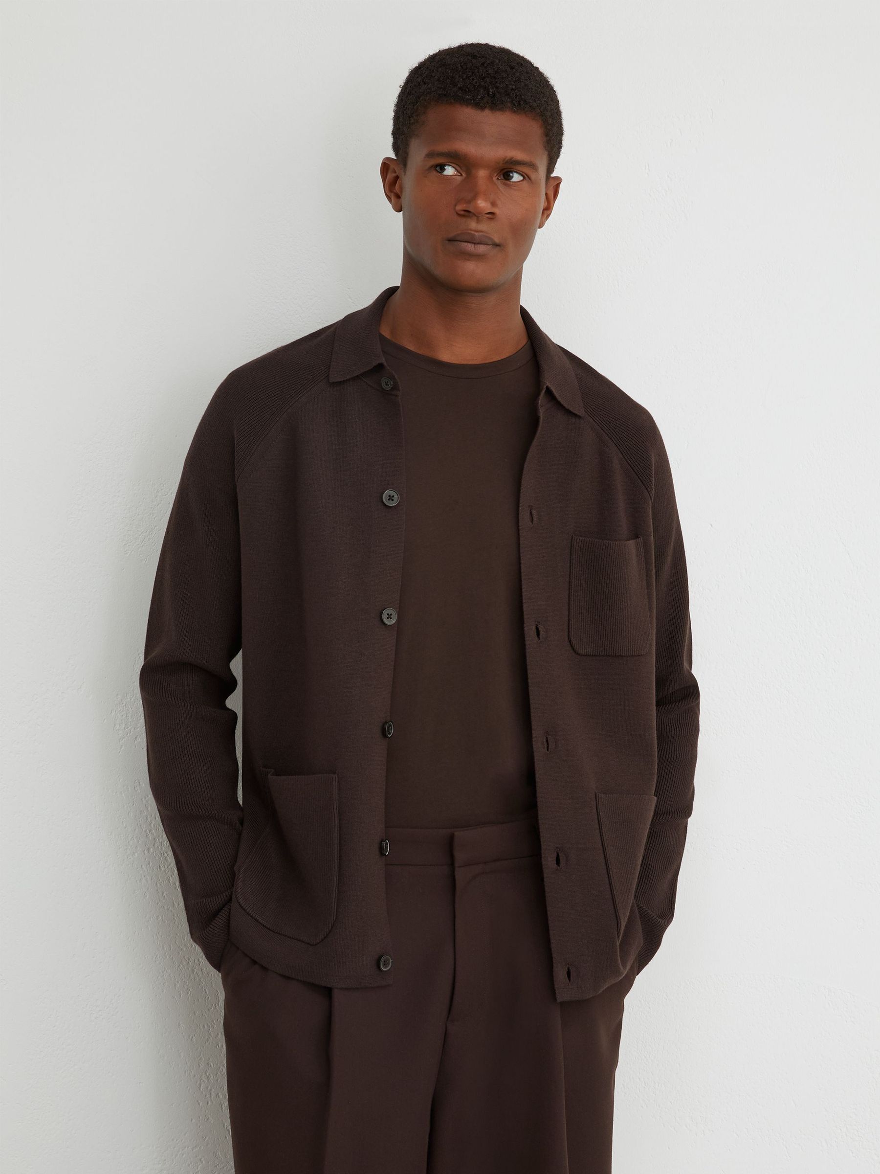 Rib-Knit Detail Button-Through Cardigan in Chocolate Brown - Image 5 of 7