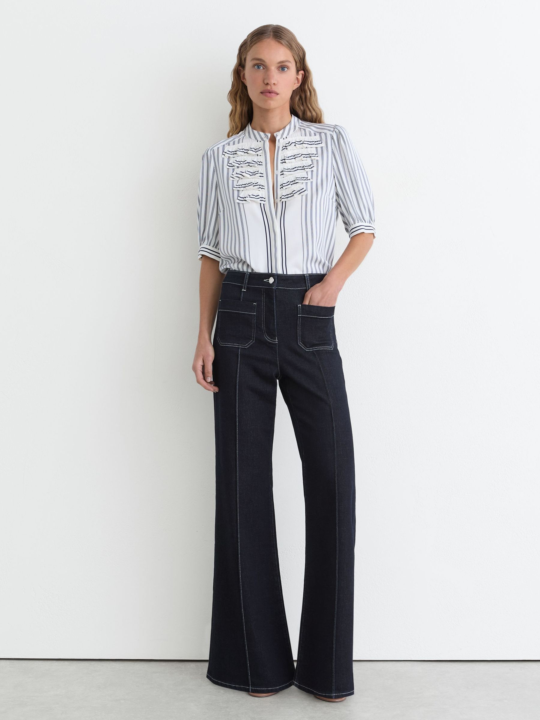 Patch-Pocket Flared Jeans in Indigo Blue - Image 1 of 6