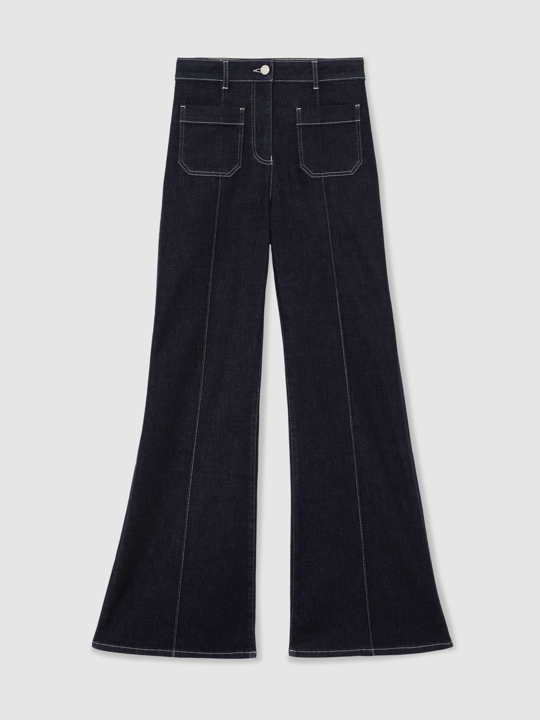 Patch-Pocket Flared Jeans in Indigo Blue - Image 2 of 6