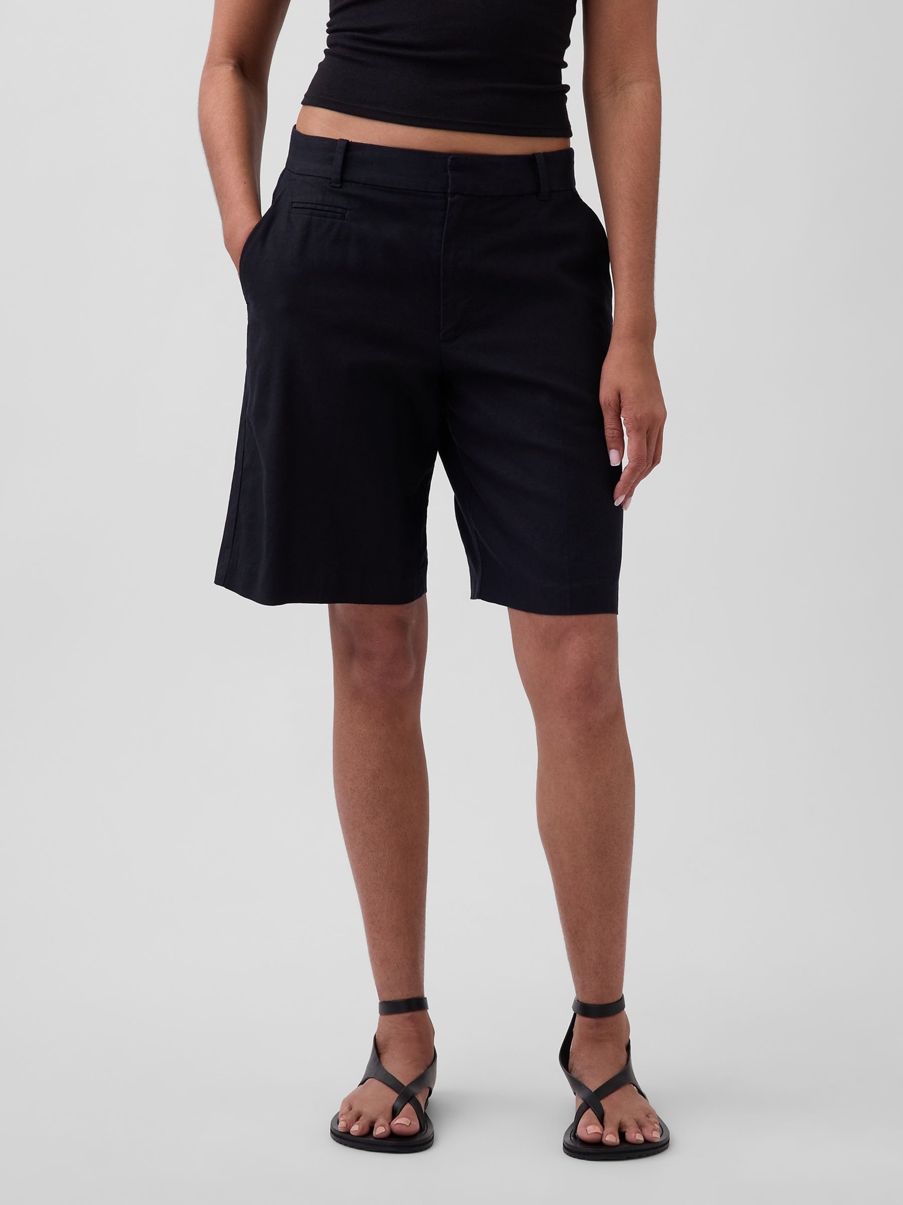 Black 9 inch Low Rise Linen-Blend Shorts - Image 1 of 4