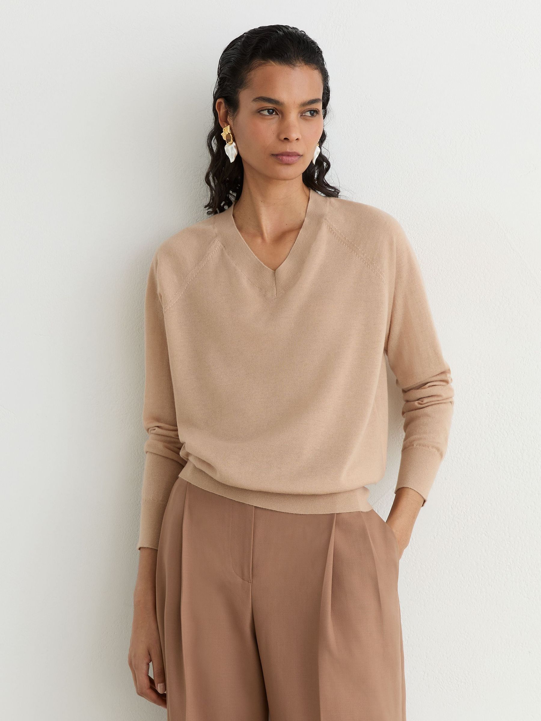 Merino Wool V-Neck Jumper in Camel - Image 1 of 7