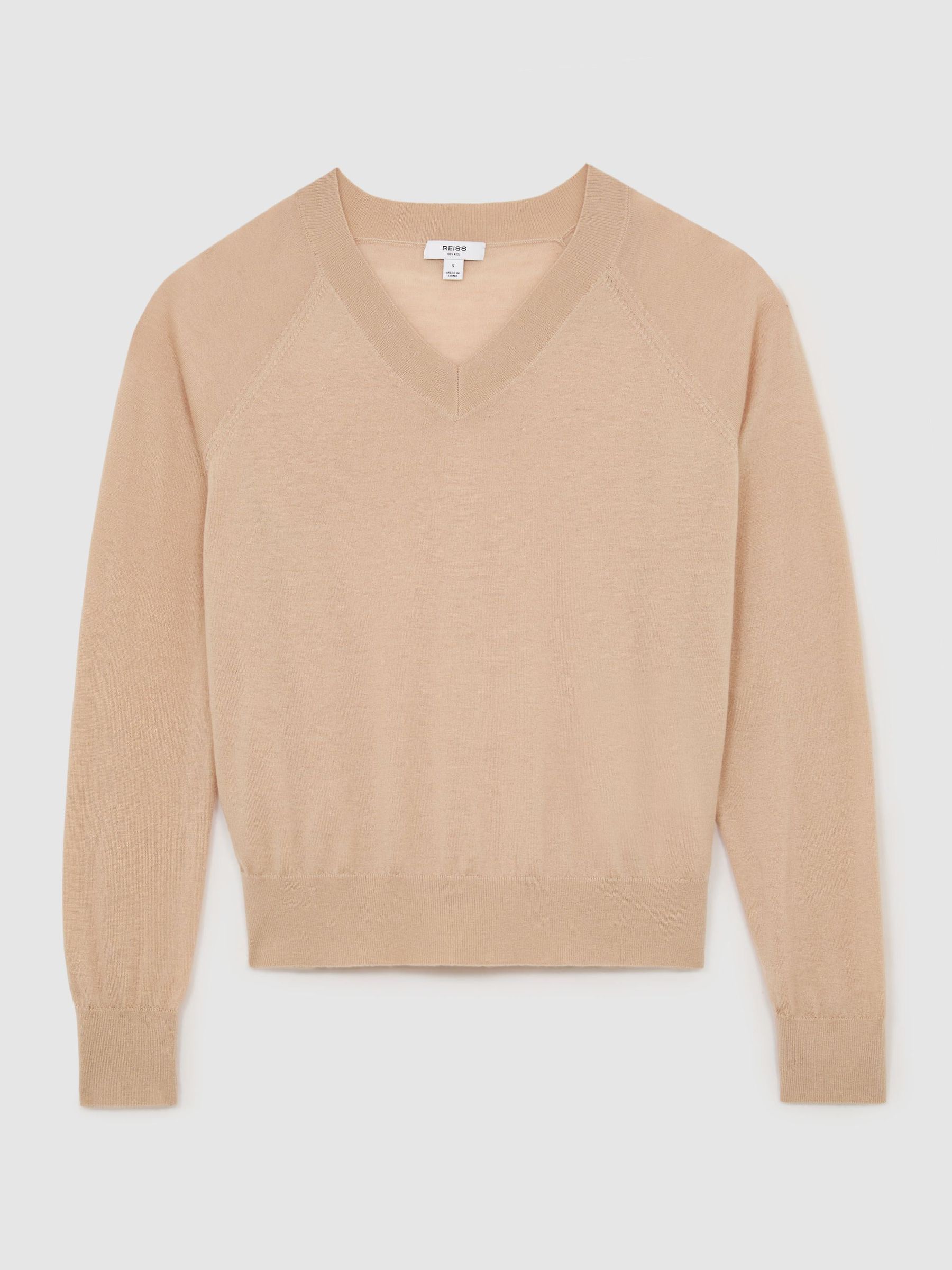 Merino Wool V-Neck Jumper in Camel - Image 2 of 7