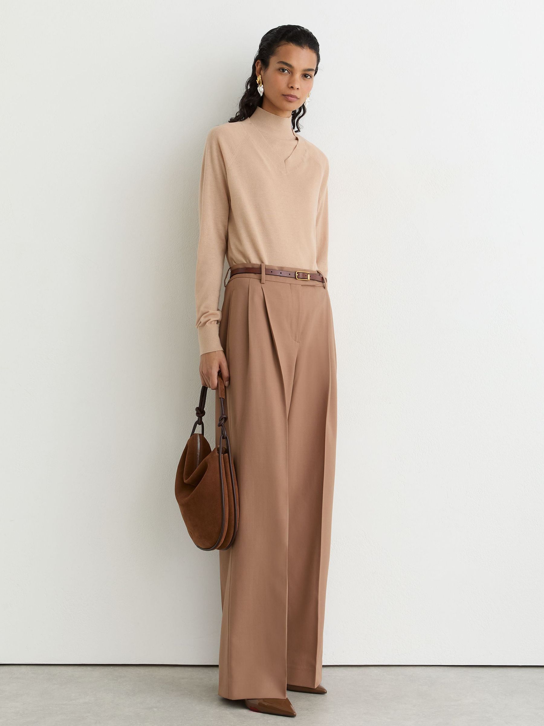 Merino Wool V-Neck Jumper in Camel - Image 4 of 7