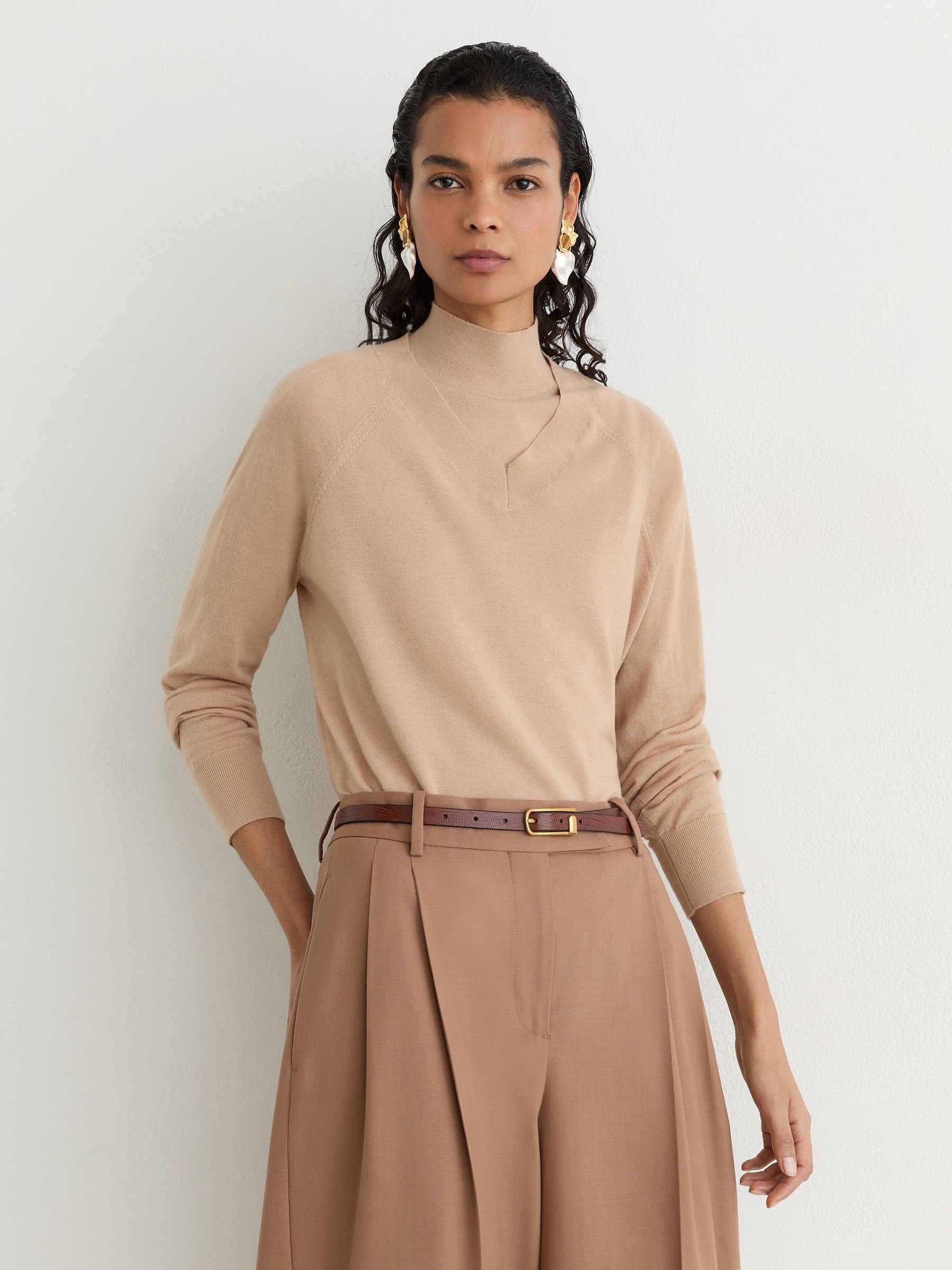 Merino Wool V-Neck Jumper in Camel - Image 6 of 7