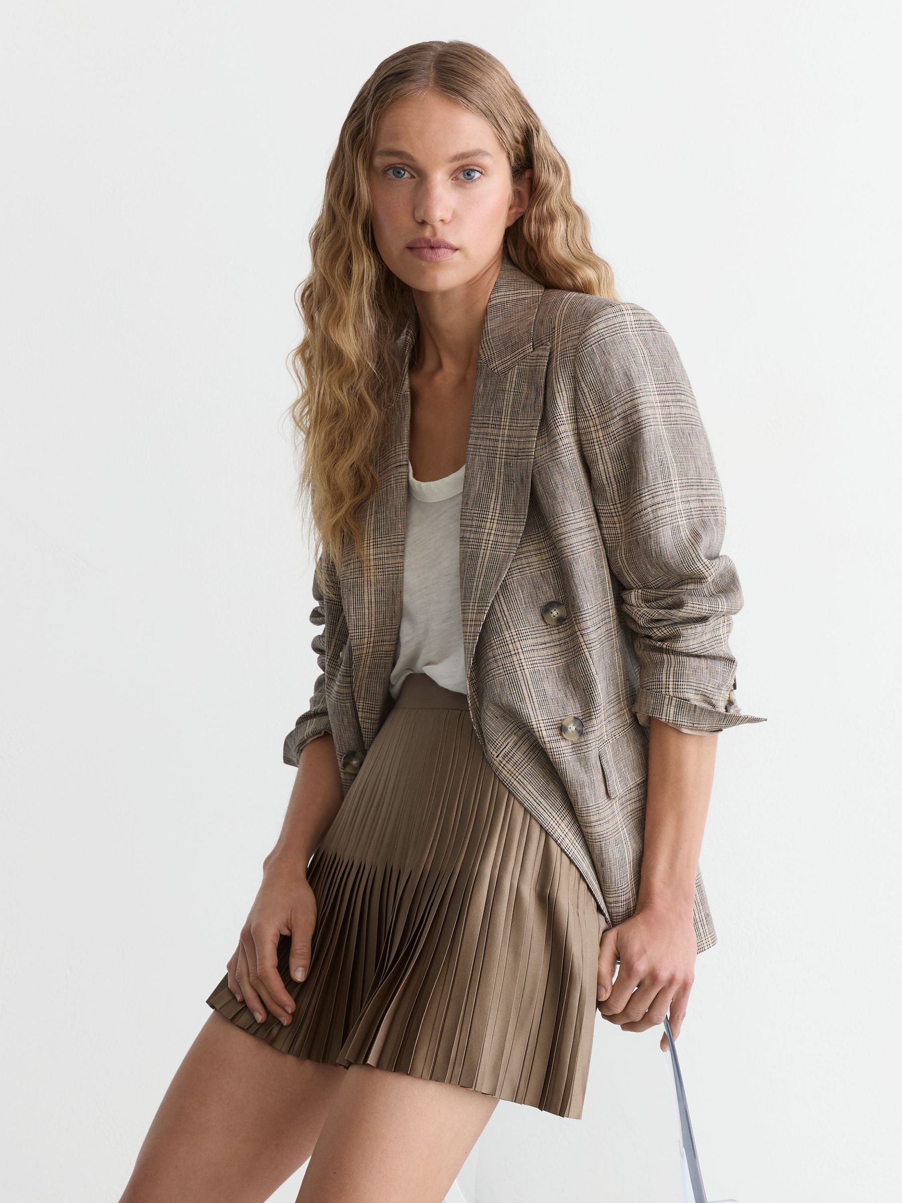 Satin Pleated Mini Skirt in Mocha Brown - Image 1 of 5