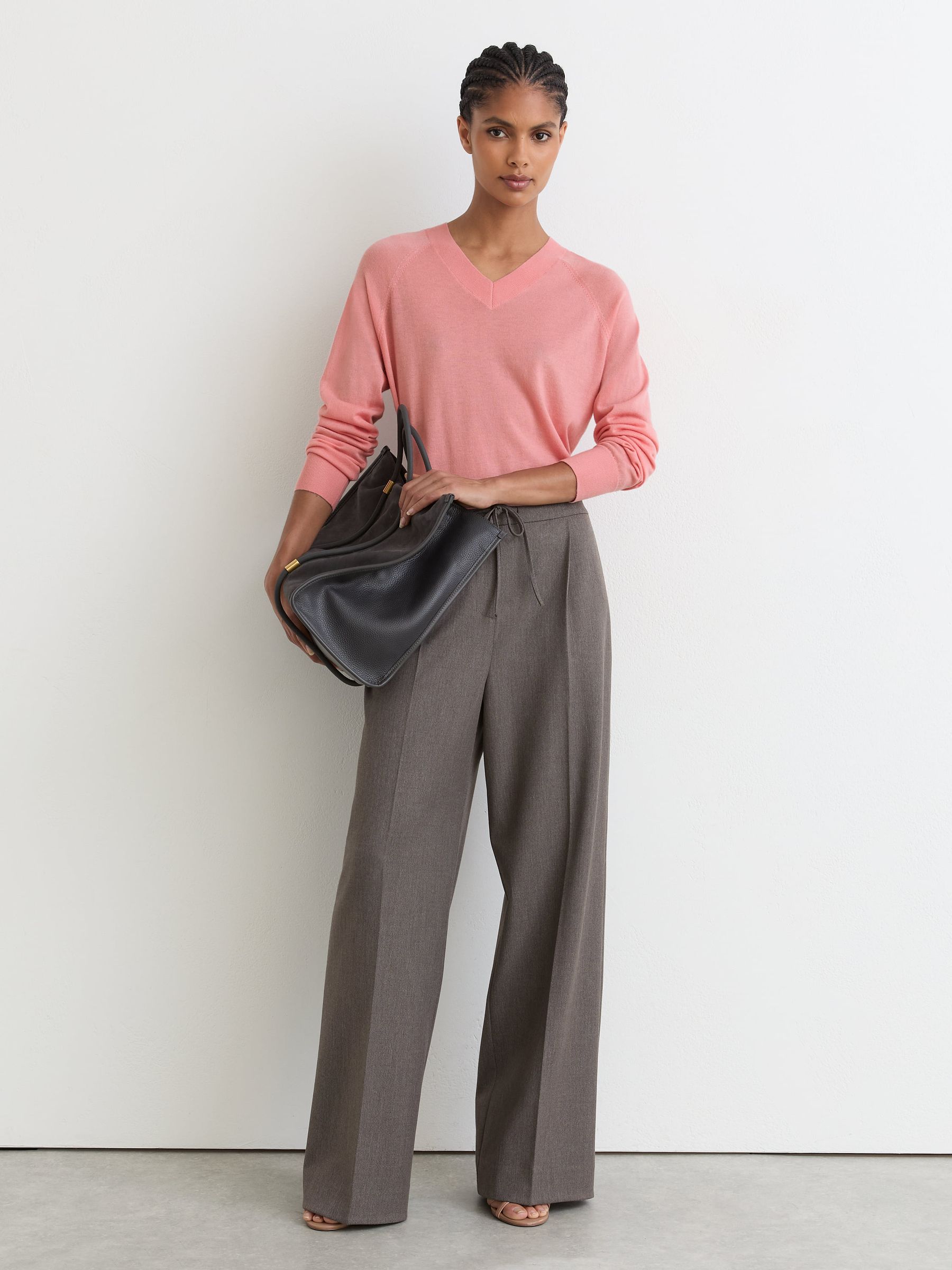 Merino Wool V-Neck Jumper in Pink - Image 1 of 6