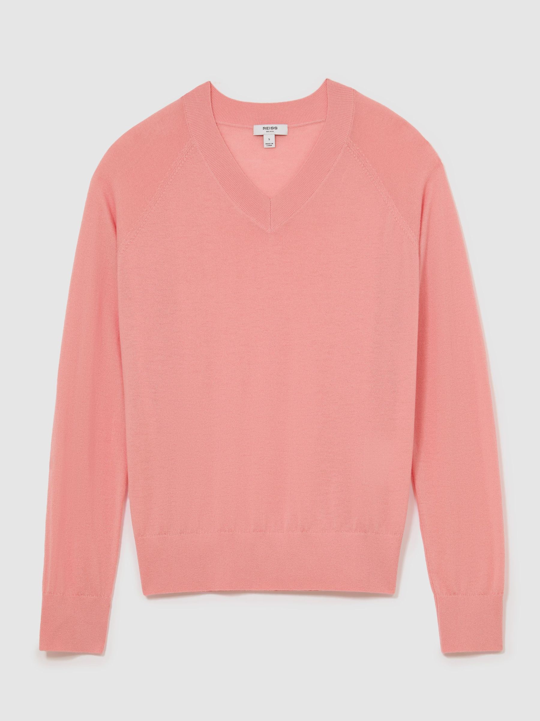 Merino Wool V-Neck Jumper in Pink - Image 2 of 6