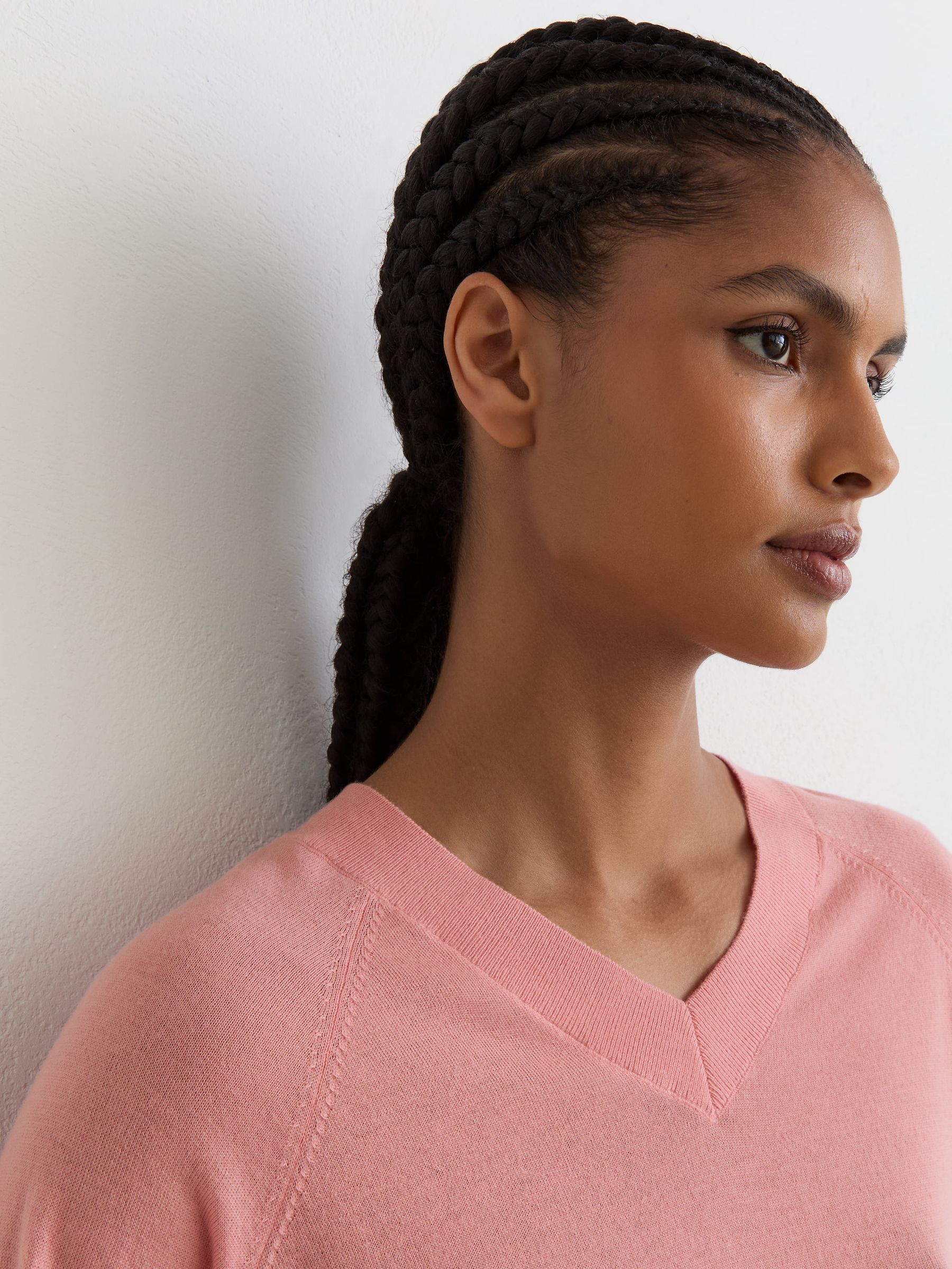Merino Wool V-Neck Jumper in Pink - Image 3 of 6