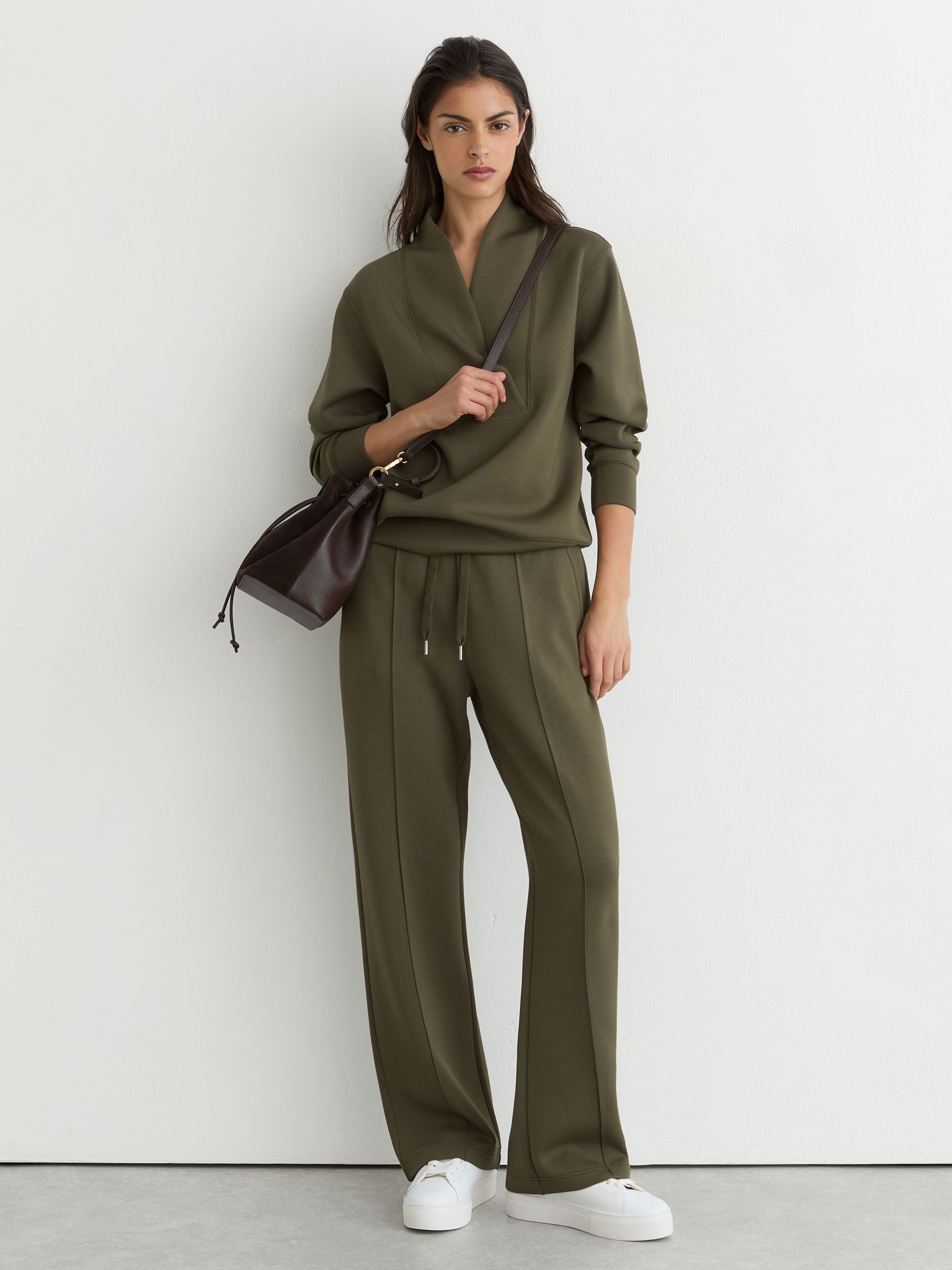Premium Interlock Shawl-Neck Sweatshirt with Modal in Khaki Green - Image 1 of 6