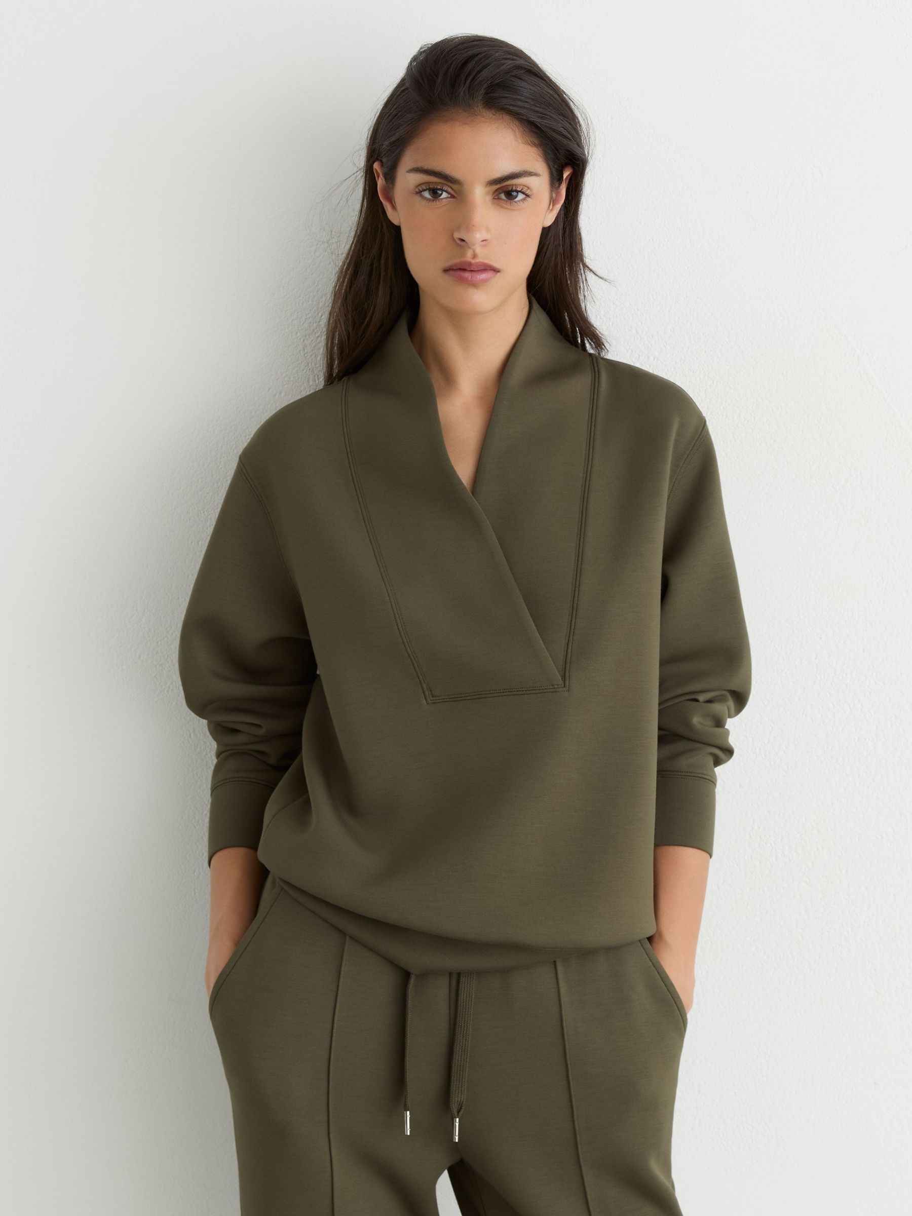 Premium Interlock Shawl-Neck Sweatshirt with Modal in Khaki Green - Image 3 of 6