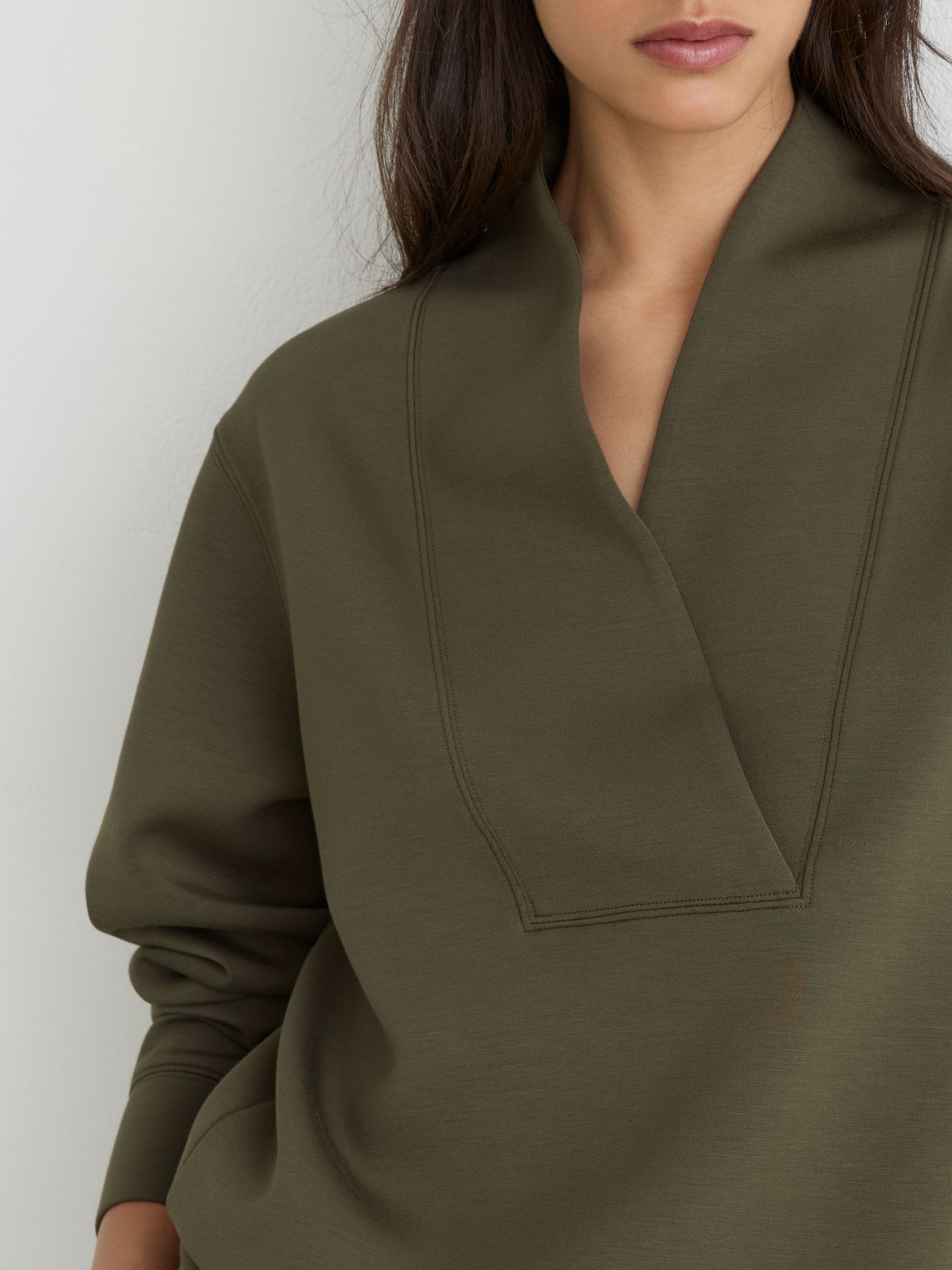 Premium Interlock Shawl-Neck Sweatshirt with Modal in Khaki Green - Image 5 of 6