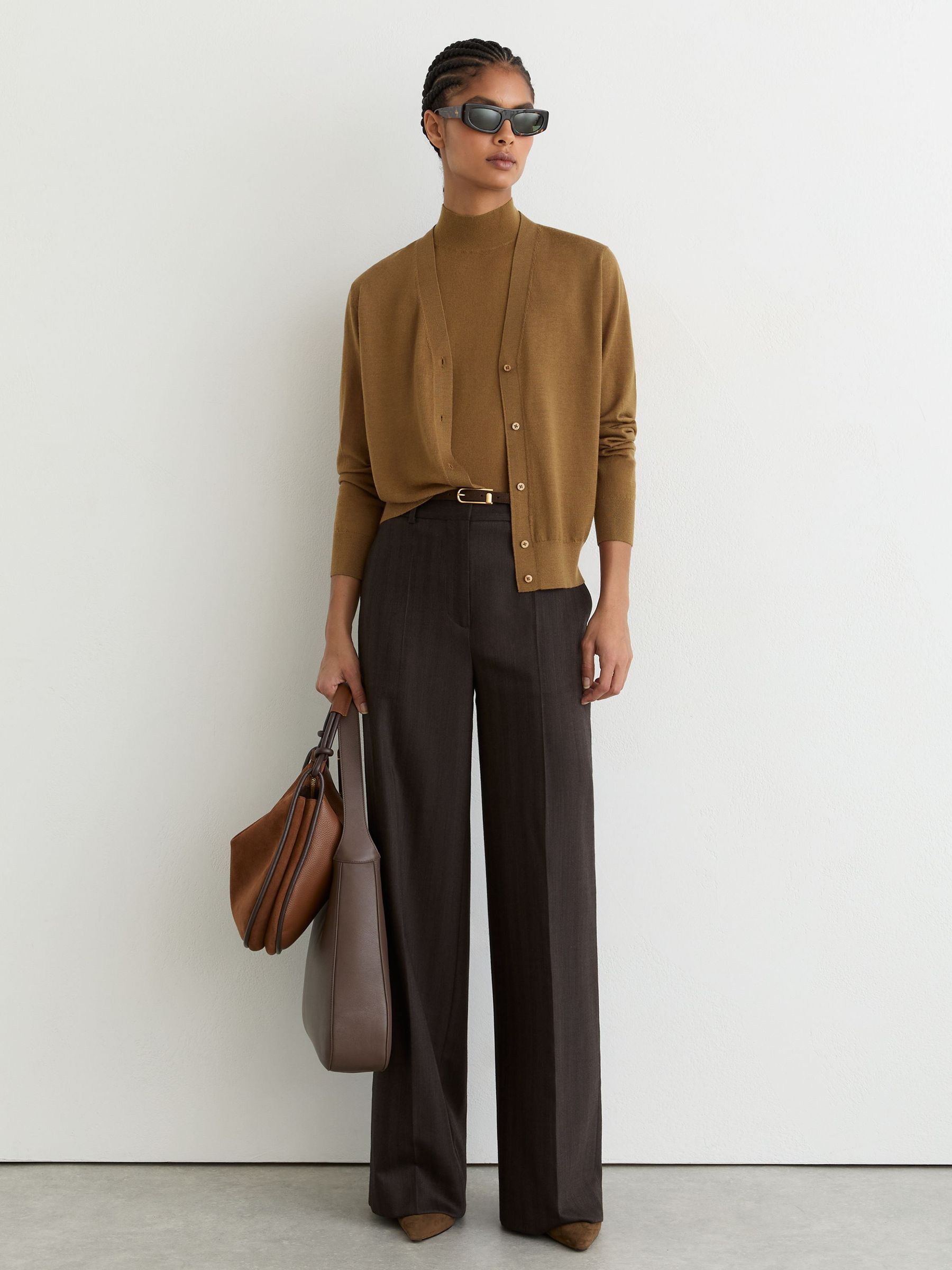 Merino Wool V-Neck Cardigan in Camel - Image 1 of 6 Merino Wool V-Neck Cardigan in Camel - Image 1 of 6